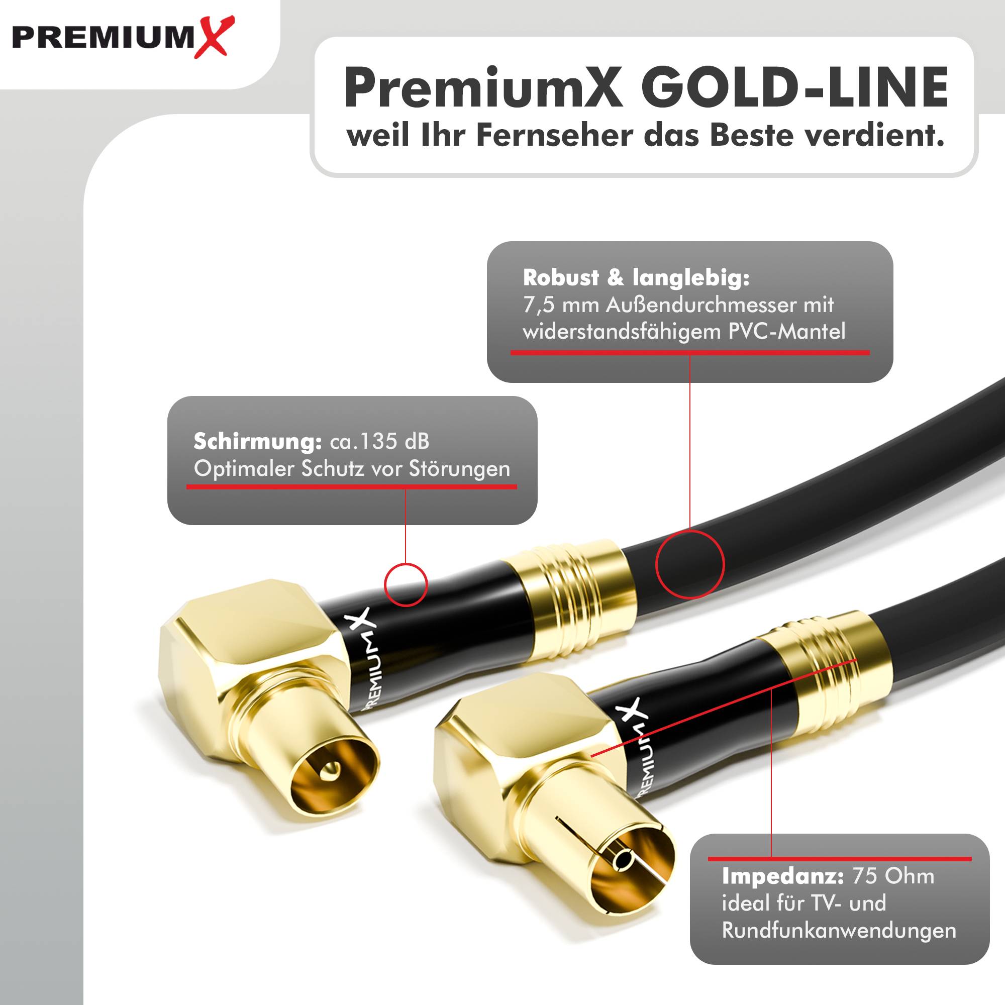 PremiumX 25m Gold-Line TV Antennenkabel Schwarz Koax-Anschluss IEC Stecker - IEC Buchse 90° gewinkelt Metallgehäuse
