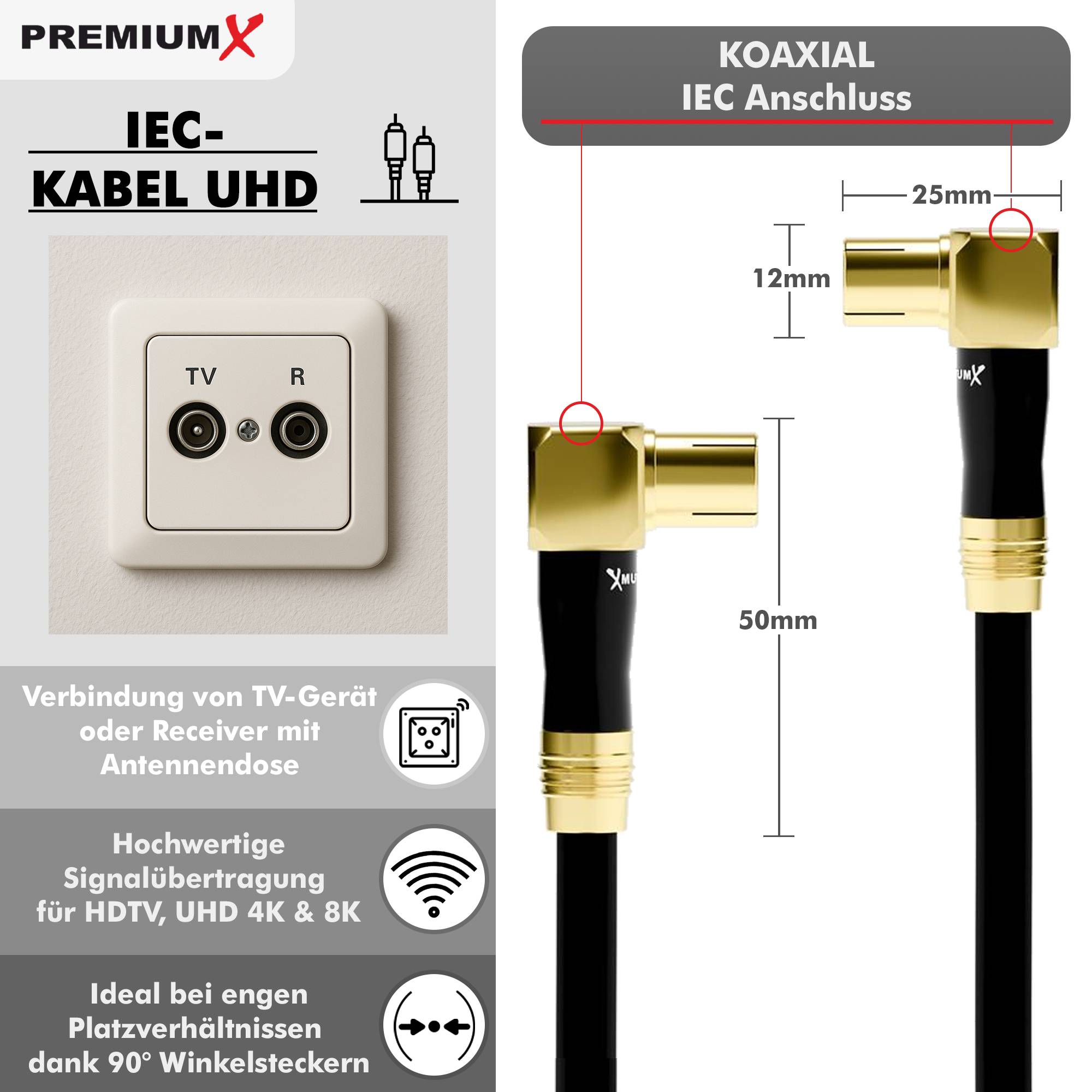 PremiumX 3m Gold-Line TV Antennenkabel Schwarz Koax-Anschluss IEC Stecker - IEC Buchse 90° gewinkelt Metallgehäuse