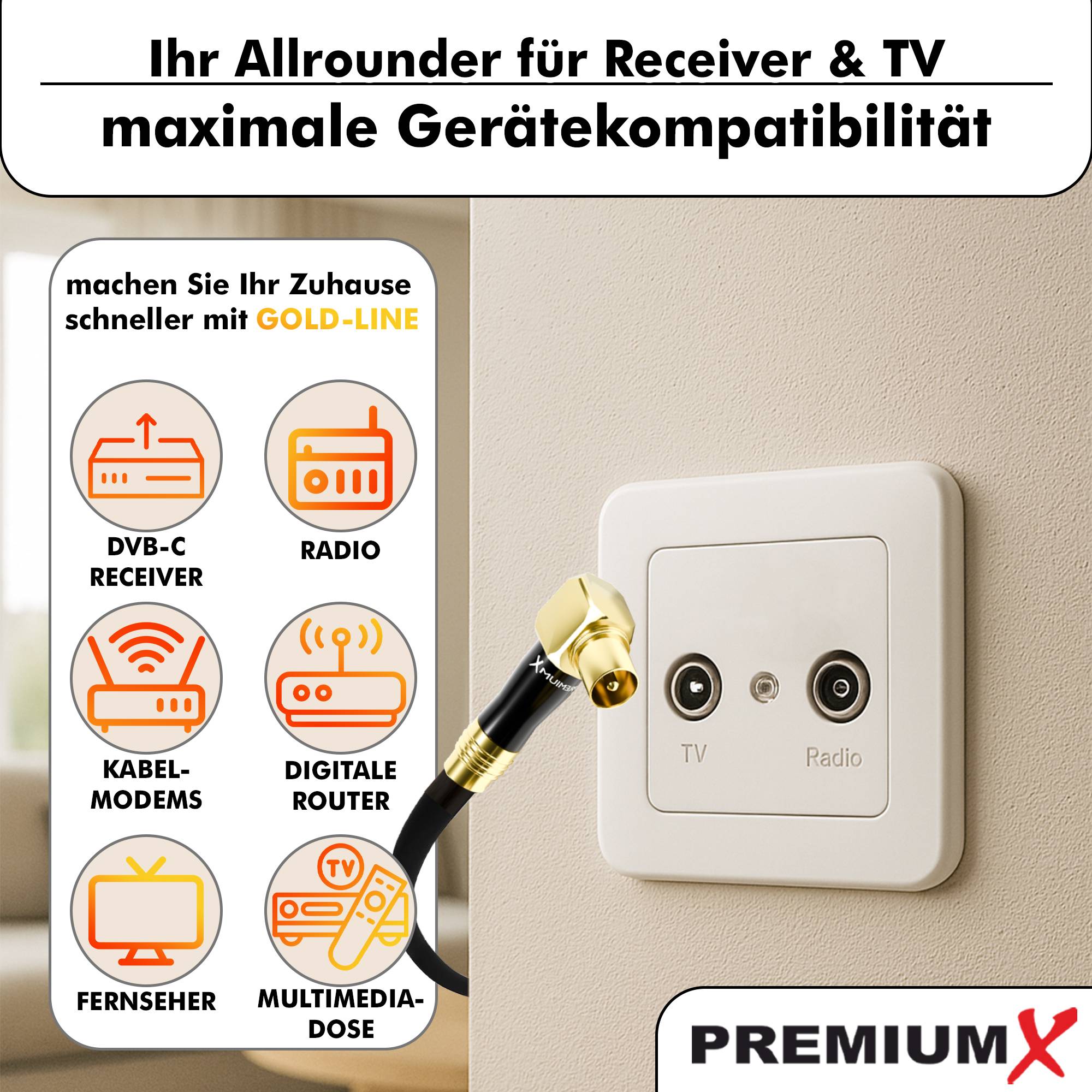 PremiumX 15m Gold-Line TV Antennenkabel Schwarz Koax-Anschluss IEC Stecker - IEC Buchse 90° gewinkelt Metallgehäuse