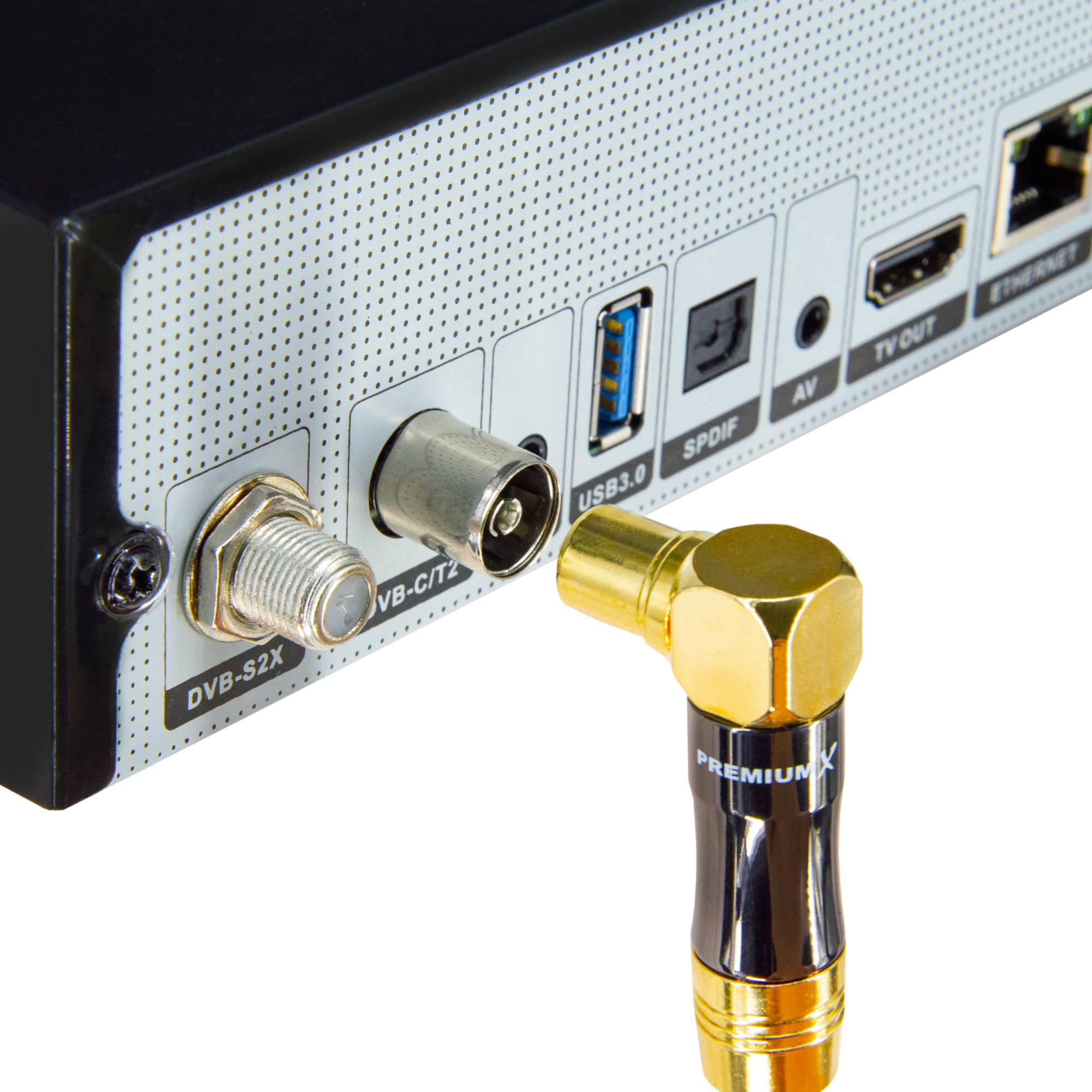 PremiumX 3m Gold-Line TV Antennenkabel Schwarz Koax-Anschluss IEC Stecker - IEC Buchse 90° gewinkelt Metallgehäuse