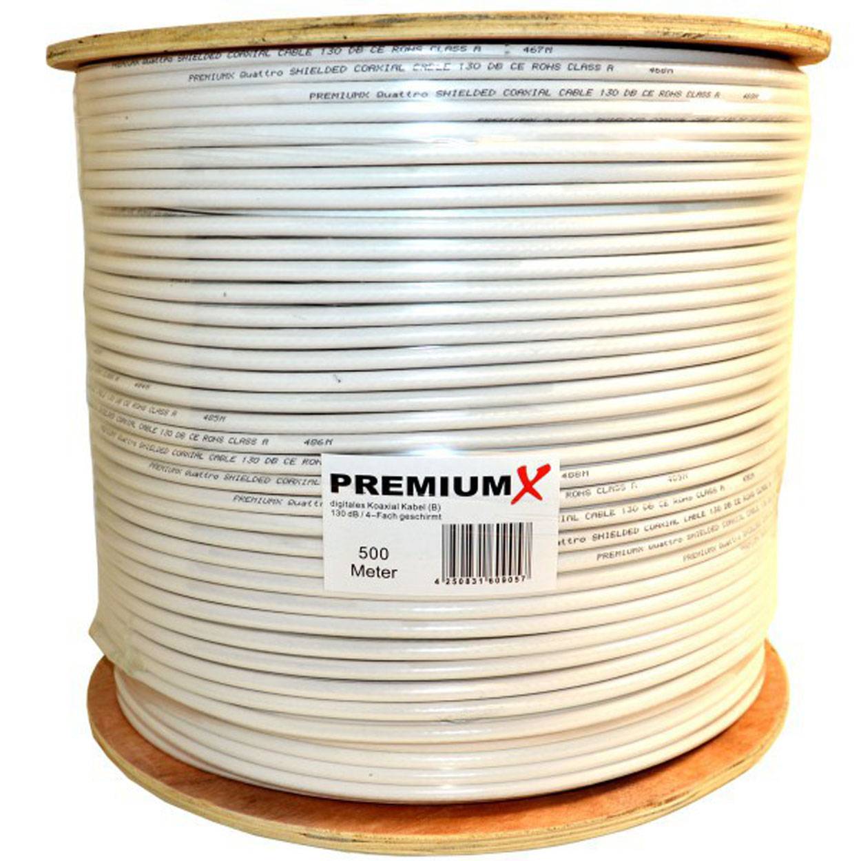 PremiumX 500m BASIC Koaxialkabel 135dB 4-fach SAT Antennenkabel Koax-Kabel RG-6 Class A SAT-Kabel 100x F-Stecker