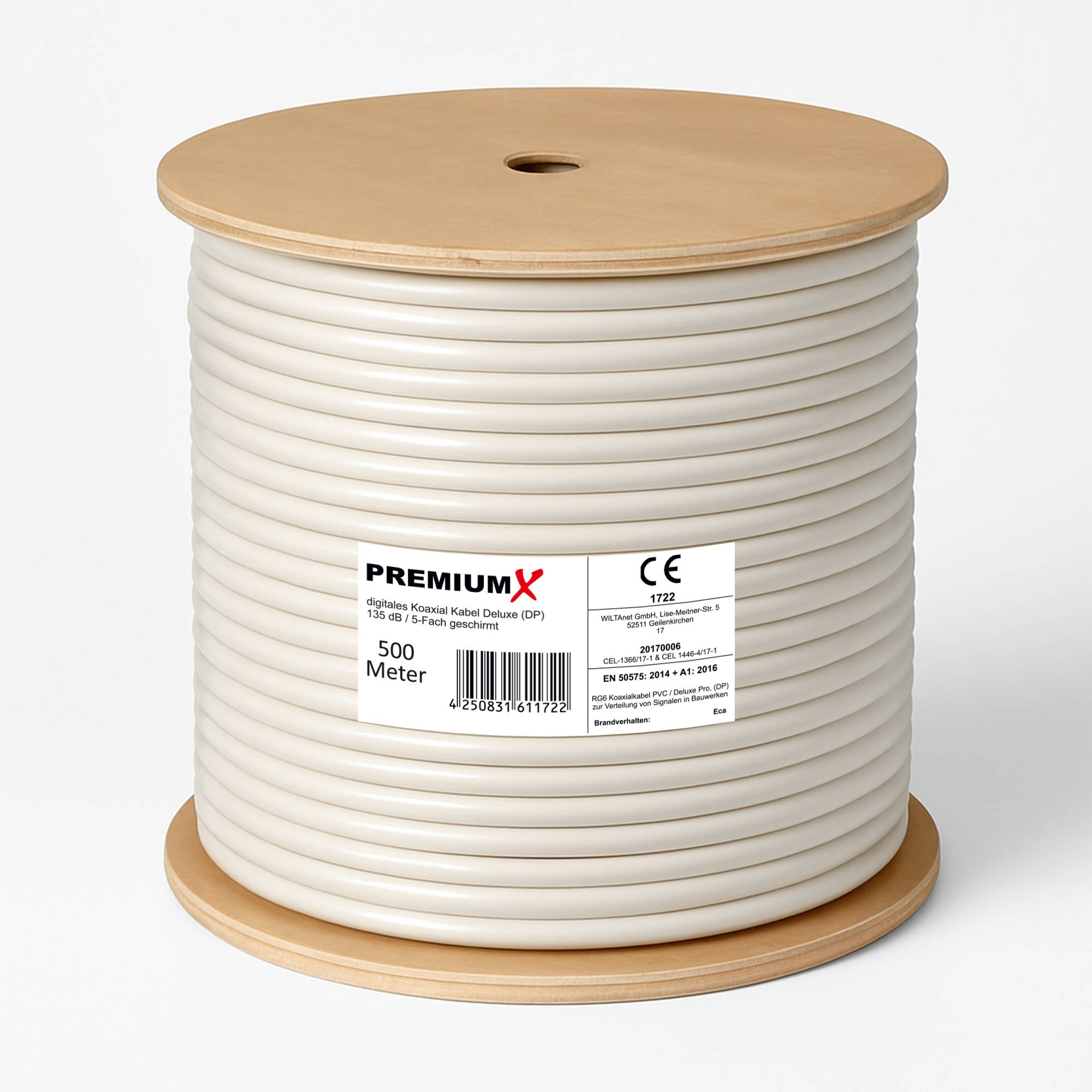 PremiumX 500m Deluxe Pro Koaxialkabel 135 dB 5-fach geschirmt Reines Kupfer Antennenkabel für Digital Satelliten Sat TV