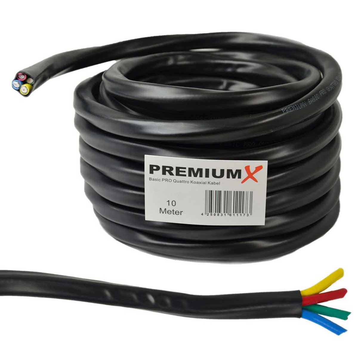 PremiumX 10m Basic PRO Quattro Quad Koaxial SAT Kabel 90dB 2-Fach geschirmt Antennenkabel 4in1 Koaxialkabel Schwarz