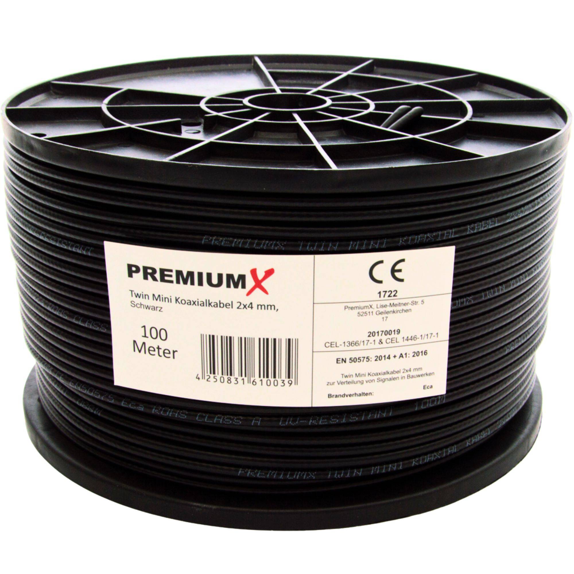PremiumX 100m Sat Koaxialkabel Twin Mini 2 x 4 mm Schwarz – extra dünn & 2-fach geschirmt – platzsparendes TV Antennenkabel für SAT | DVB-T | Tw