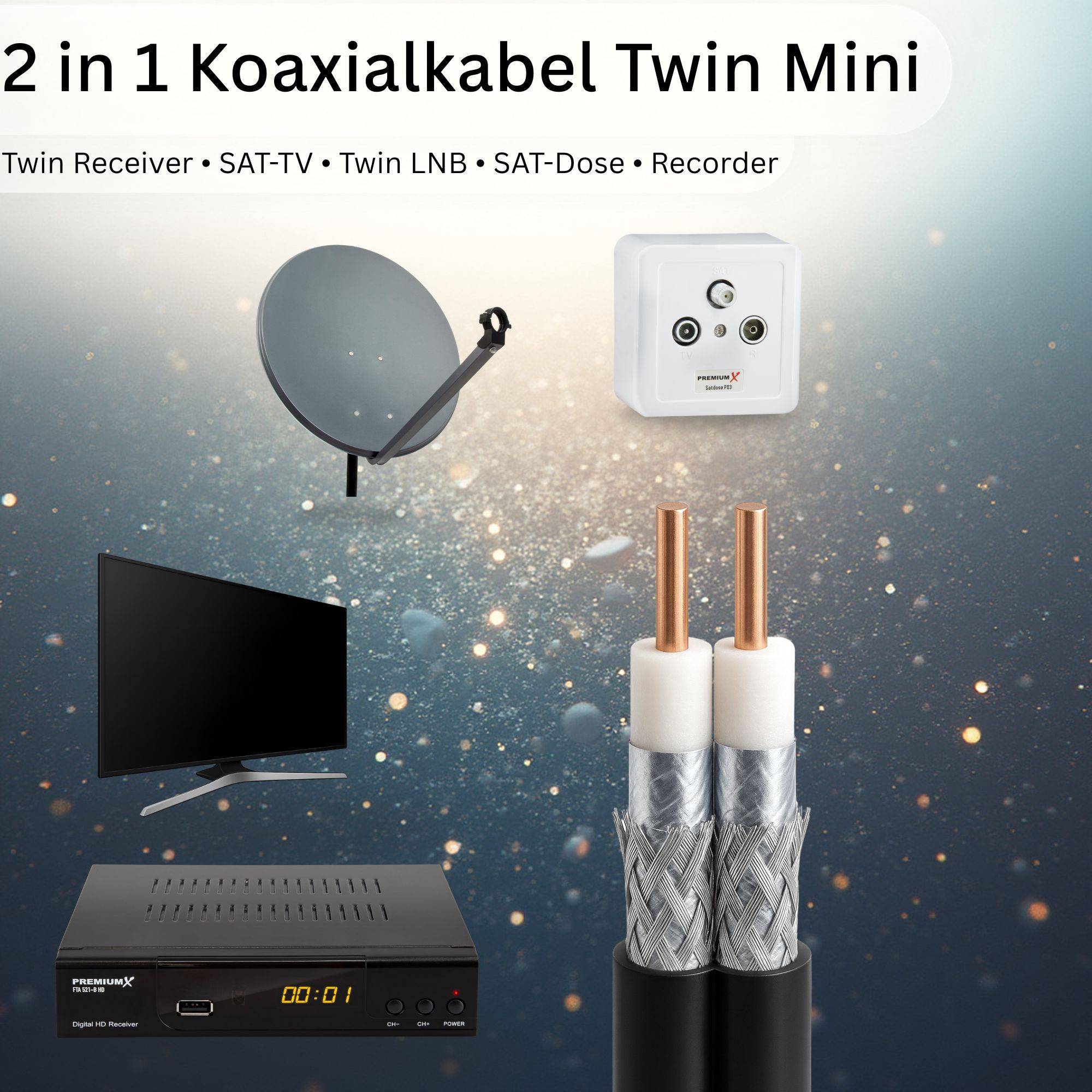 PremiumX 100m Sat Koaxialkabel Twin Mini 2 x 4 mm Schwarz – extra dünn & 2-fach geschirmt – platzsparendes TV Antennenkabel für SAT | DVB-T | Tw
