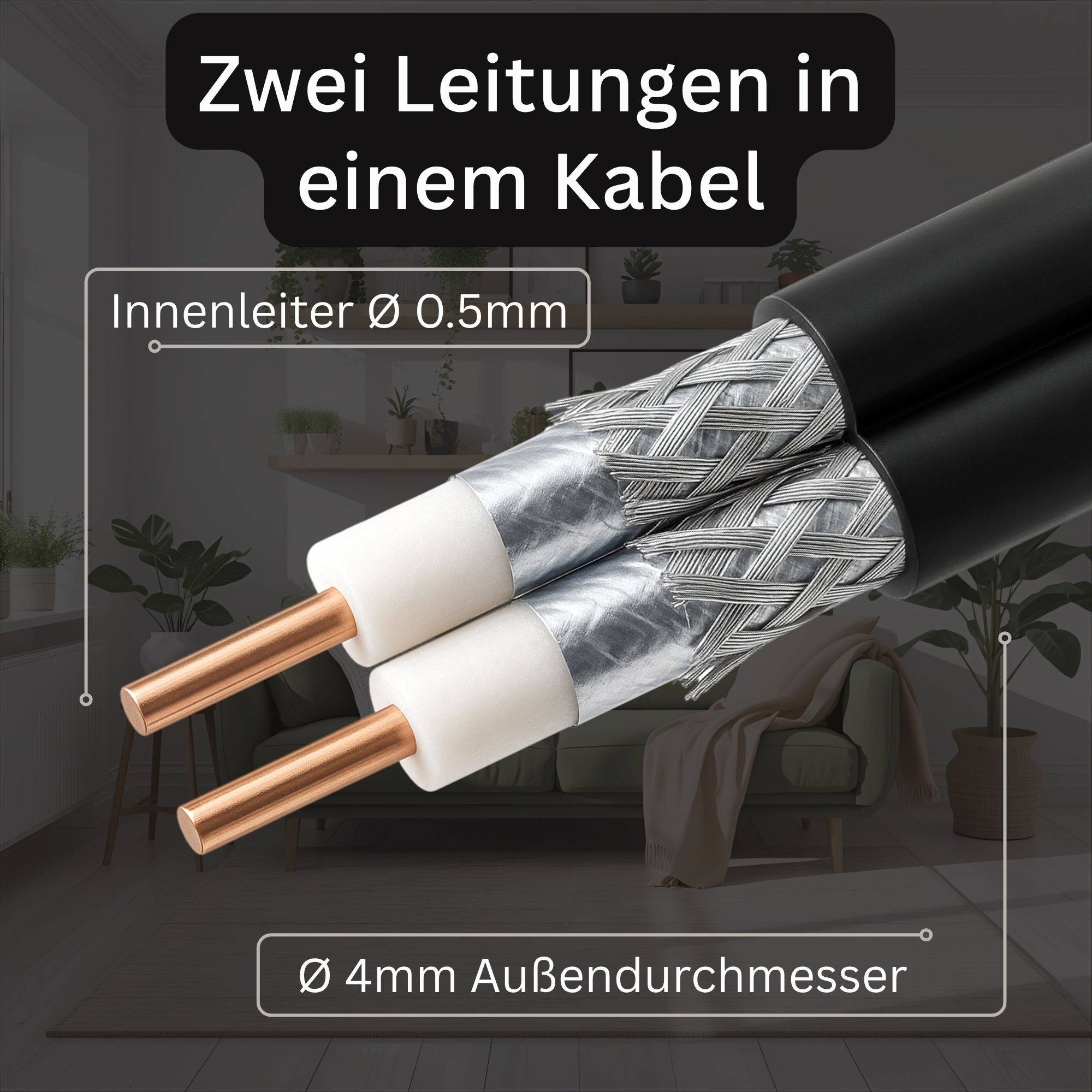 Querschnitt eines Kabels mit zwei Kupferleitern. Text lautet 