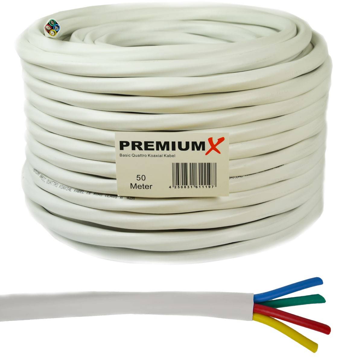 PremiumX 50m Basic Quattro Quad Koaxial SAT Kabel 90dB 2-Fach geschirmt Antennenkabel 4in1 Koaxialkabel Weiß