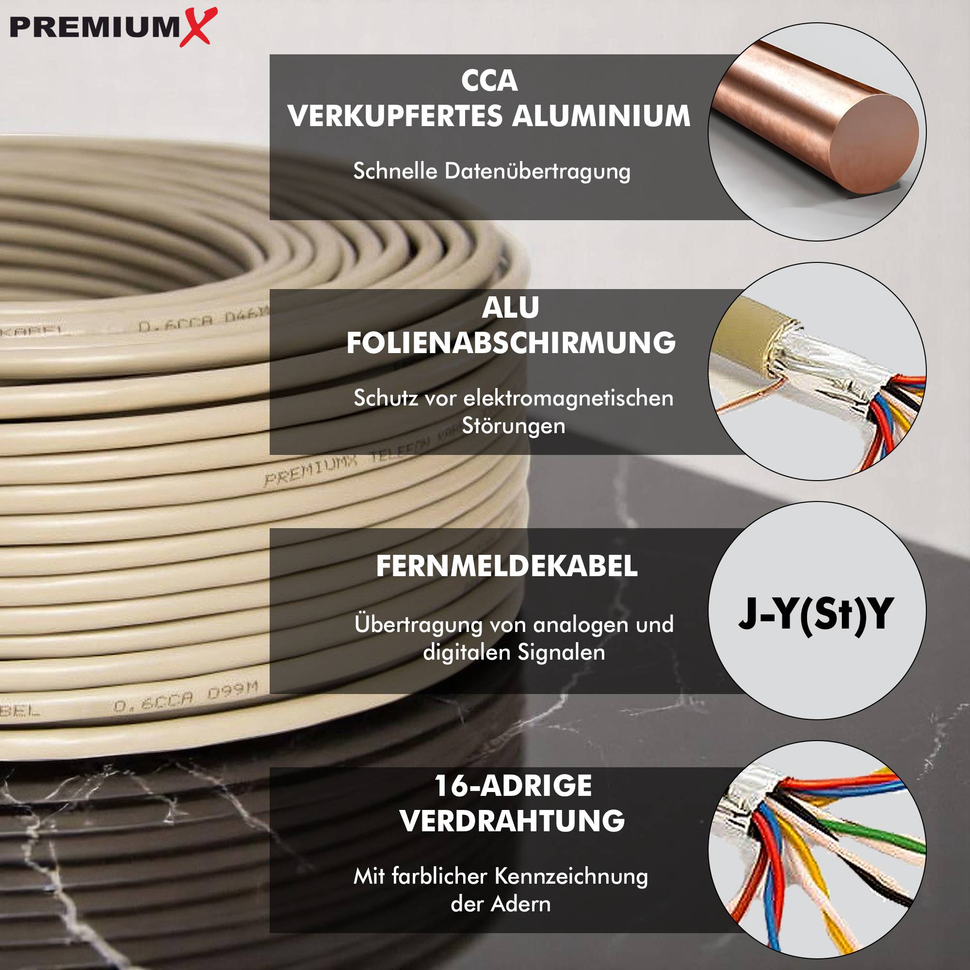 PremiumX 100m Telefonkabel 8x2x0,6mm J-Y(ST)Y Telefonleitung 16-Adern rund Fernmeldekabel Installationsleitung Verlegekabel