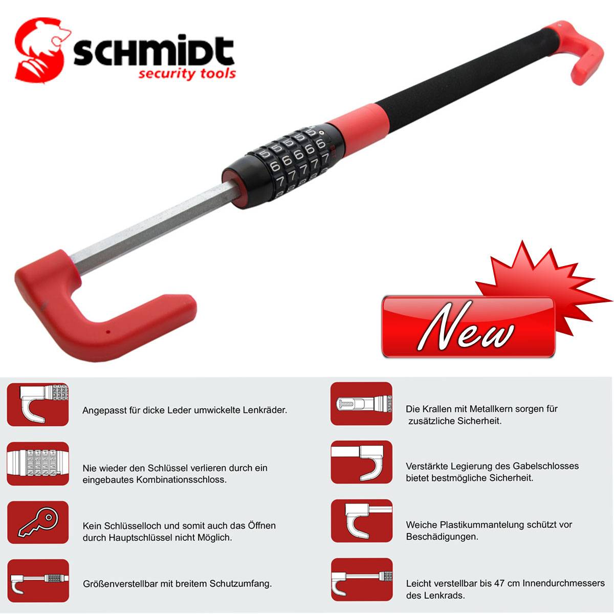 SCHMIDT security tools Pedal-Lenkradschloss LS-2000 49,5-78cm Auto KFZ PKW LKW Diebstahlsicherung Pedalschloss Wegfahrsperre Lenkradsicherung mit