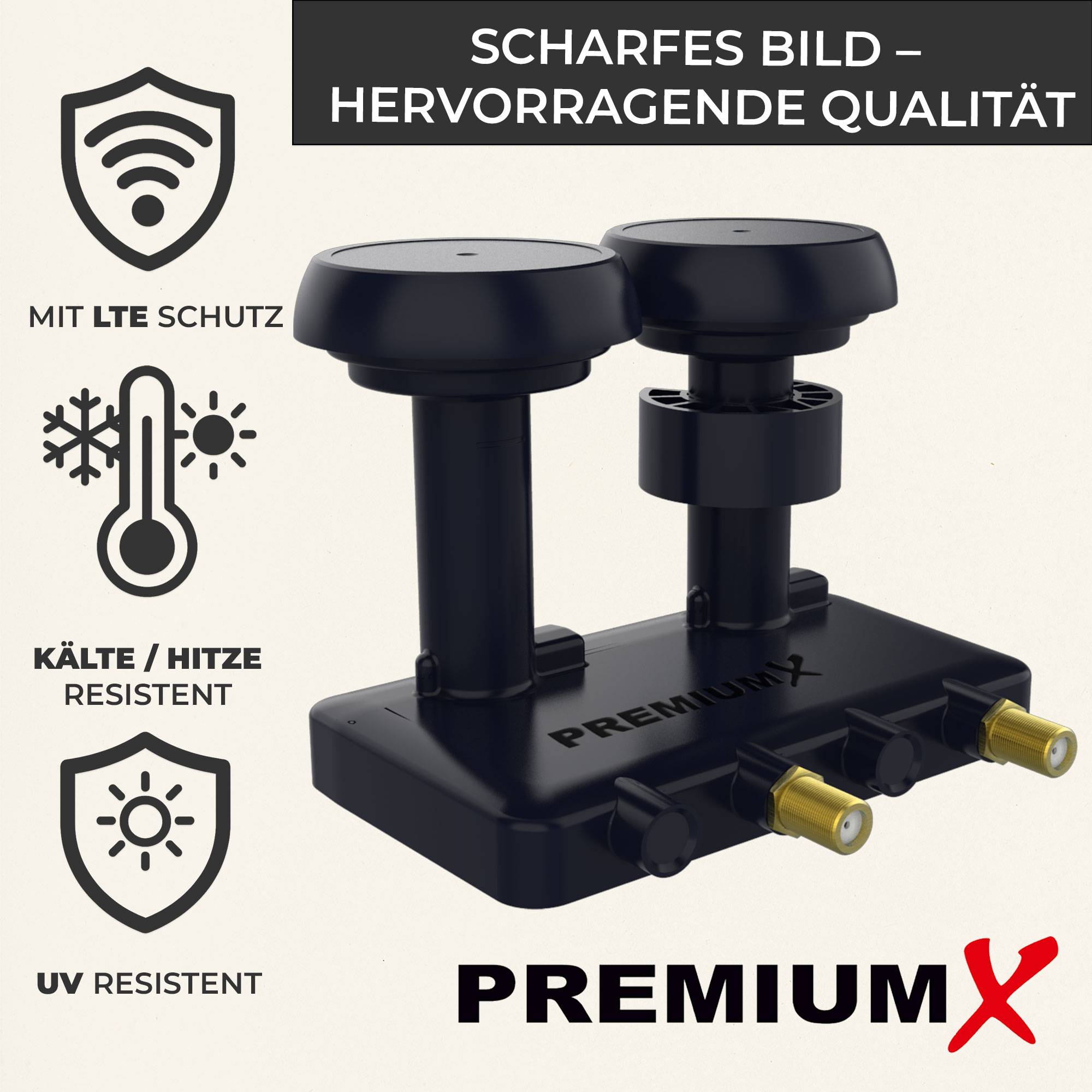 Premium X Monoblock Twin LNB - 2Fach - für 2 Teilnehmer - 4K Full HD - mit Wetterschutz für Satellitenschüssel Astra 19,2° Hotbird 13° Digital TV