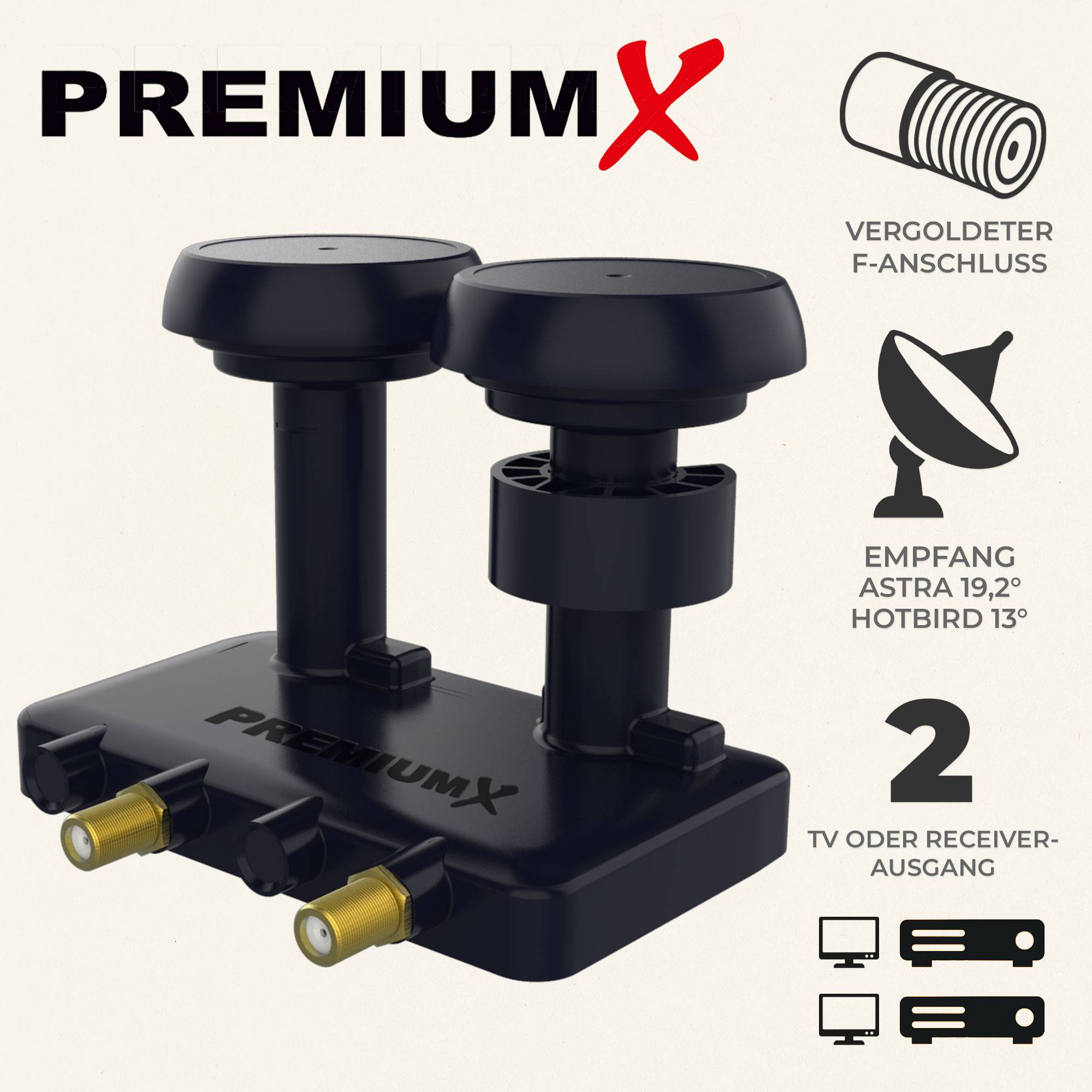 Premium X Monoblock Twin LNB - 2Fach - für 2 Teilnehmer - 4K Full HD - mit Wetterschutz für Satellitenschüssel Astra 19,2° Hotbird 13° Digital TV