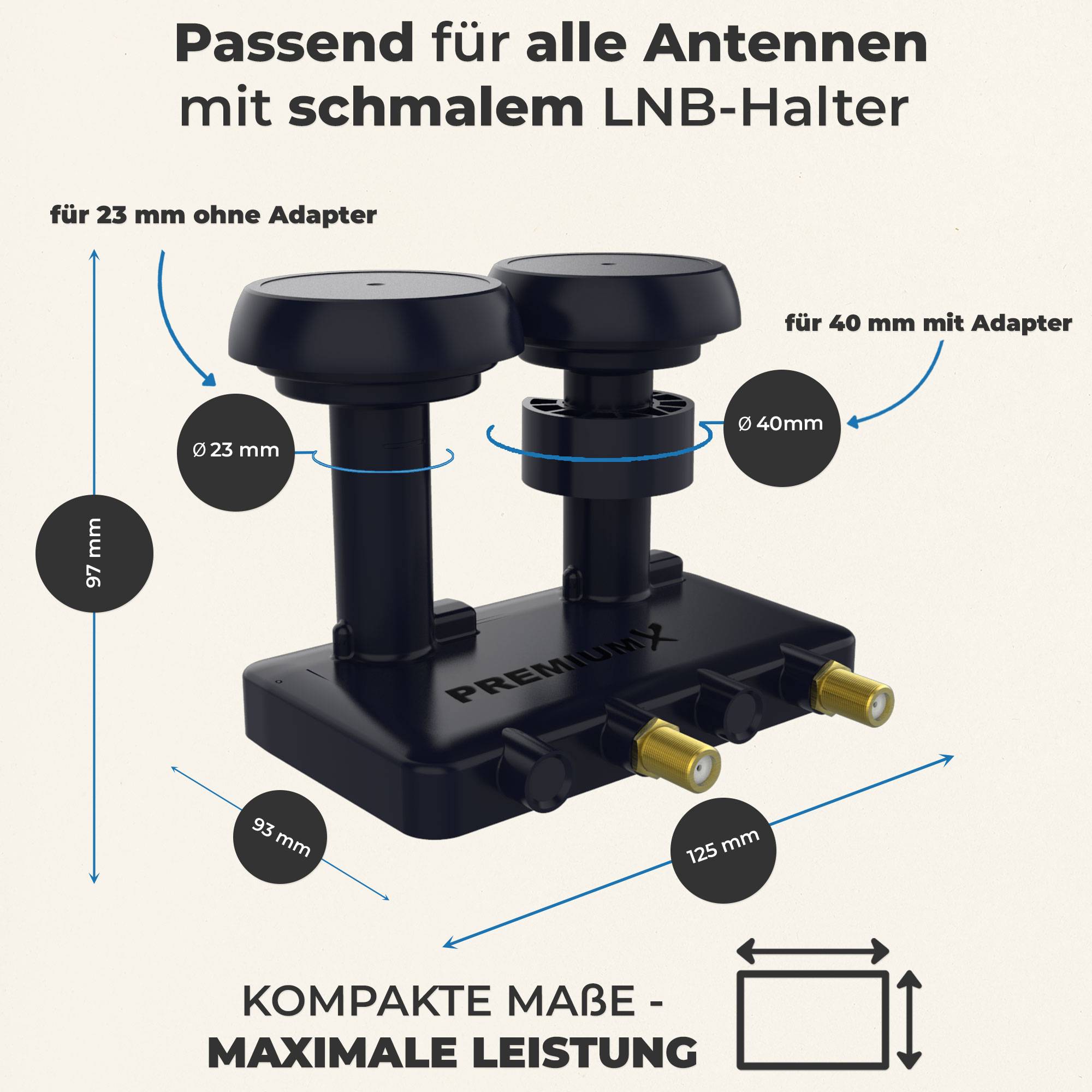 Premium X Monoblock Twin LNB - 2Fach - für 2 Teilnehmer - 4K Full HD - mit Wetterschutz für Satellitenschüssel Astra 19,2° Hotbird 13° Digital TV
