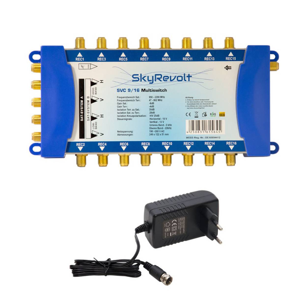 SkyRevolt SVC 9/16 Multiswitch externes Netzteil Multischalter 2 SAT für 16 Anschlüsse Satverteiler Digital HDTV FullHD 4K UHD 8K
