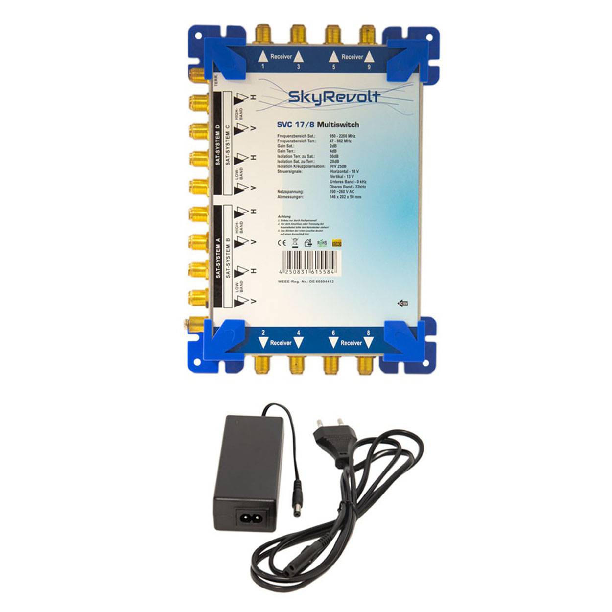 SkyRevolt SVC 17/8 Multiswitch externes Netzteil Multischalter 4 SAT für 8 Anschlüsse Satverteiler Digital HDTV FullHD 4K UHD 8K