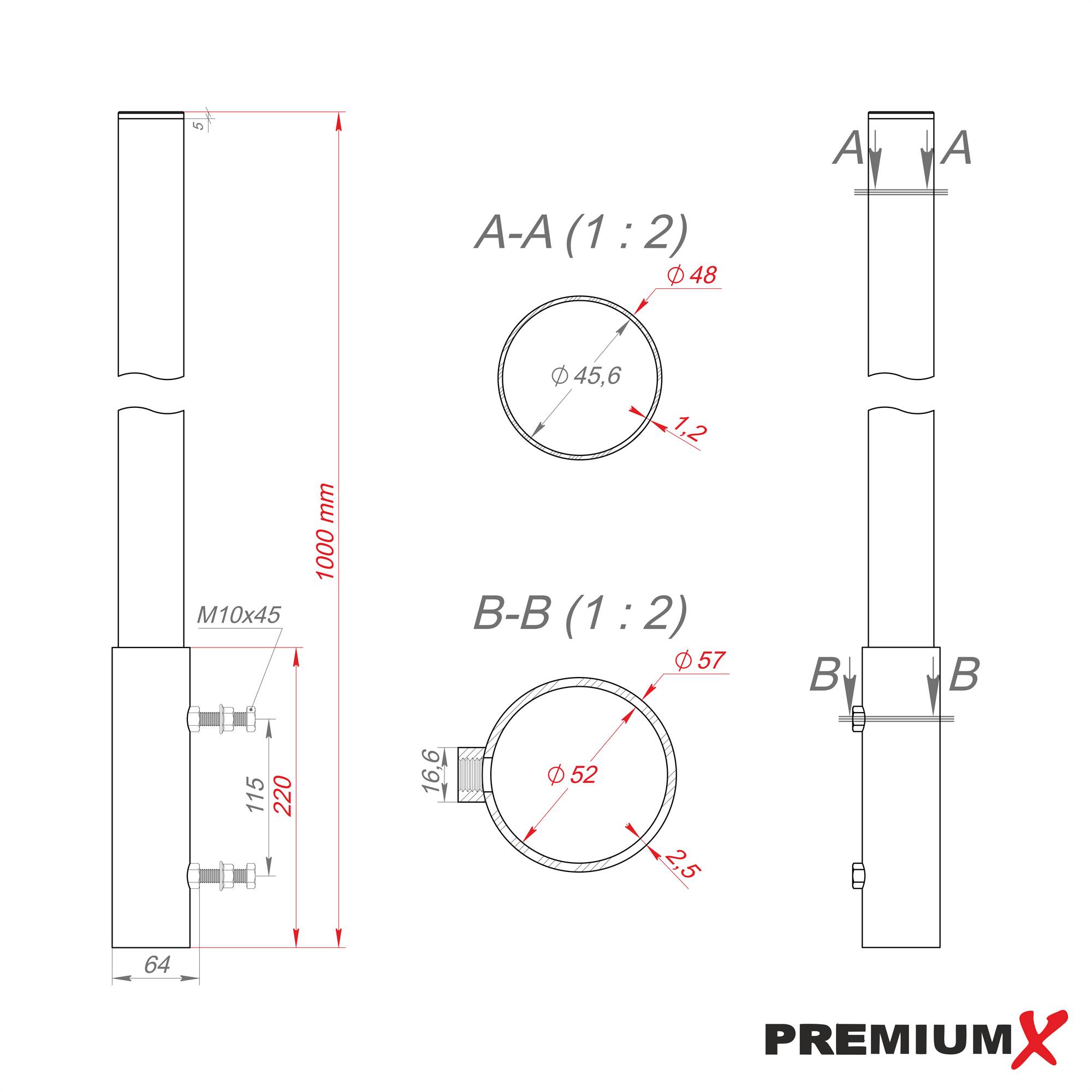 PremiumX Mastverlängerung 100cm Ø 48mm Stahl verzinkt Mastaufsatz Antennenmast-Verlängerung Halterung für Satelliten-Schüssel