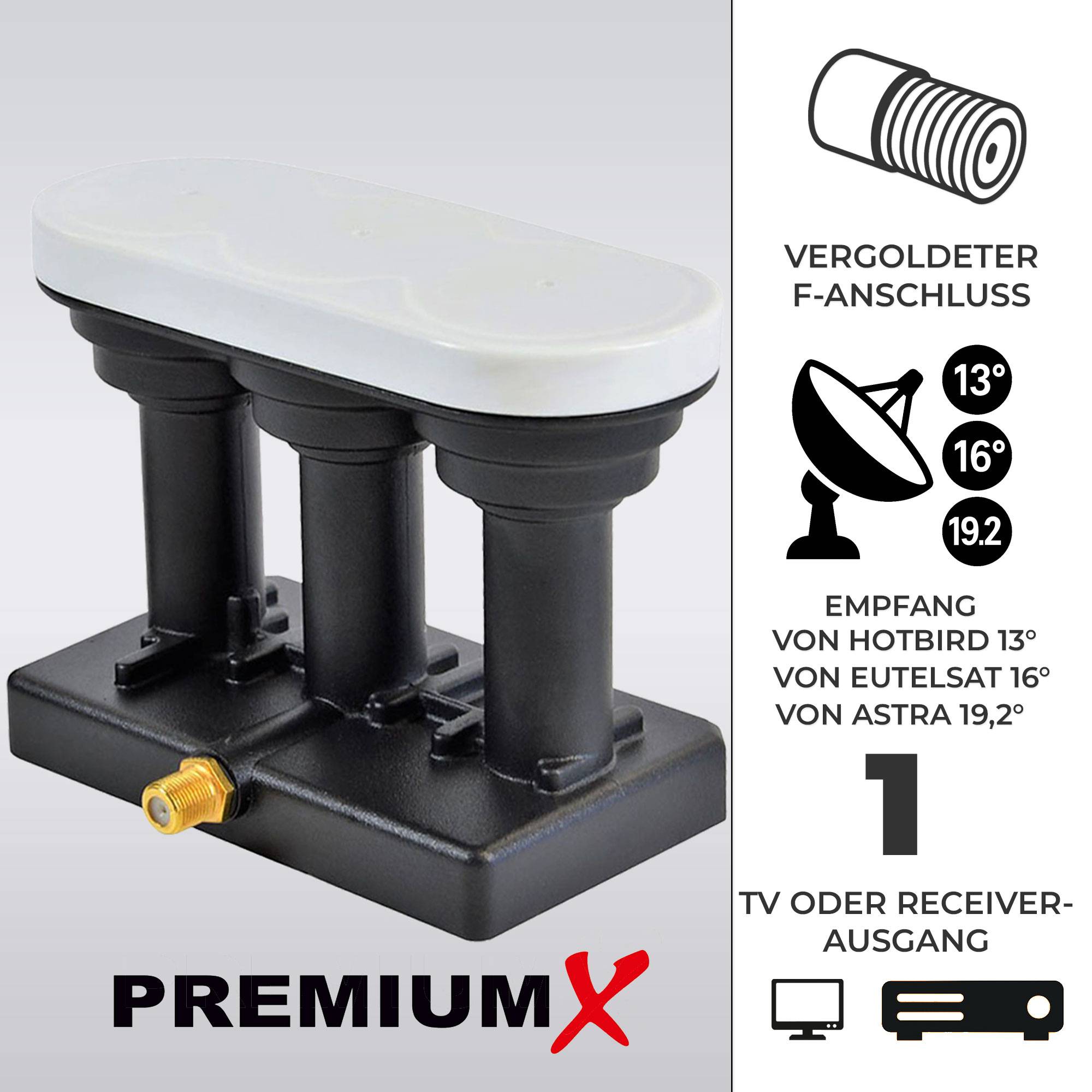 PremiumX Triple Monoblock LNB - Single - 1Teilnehmer - 4K Full HD - mit Wetterschutz für Satellitenschüssel Receiver Digital - Triplefeed Astra 19,2