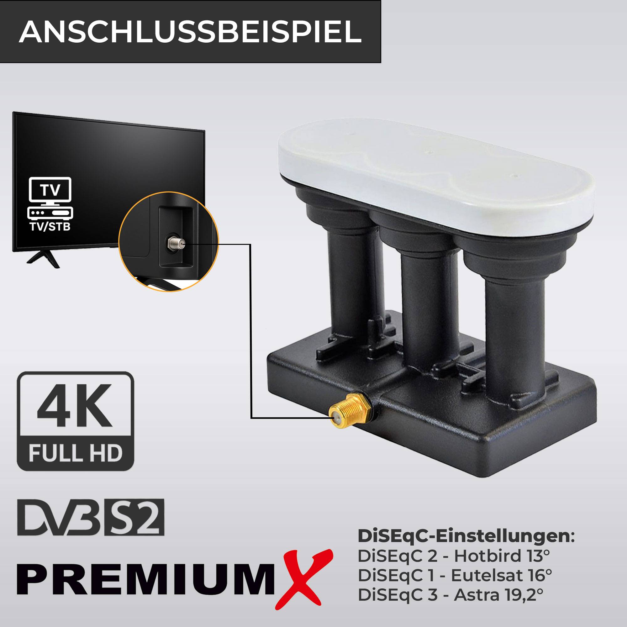 PremiumX Triple Monoblock LNB - Single - 1Teilnehmer - 4K Full HD - mit Wetterschutz für Satellitenschüssel Receiver Digital - Triplefeed Astra 19,2