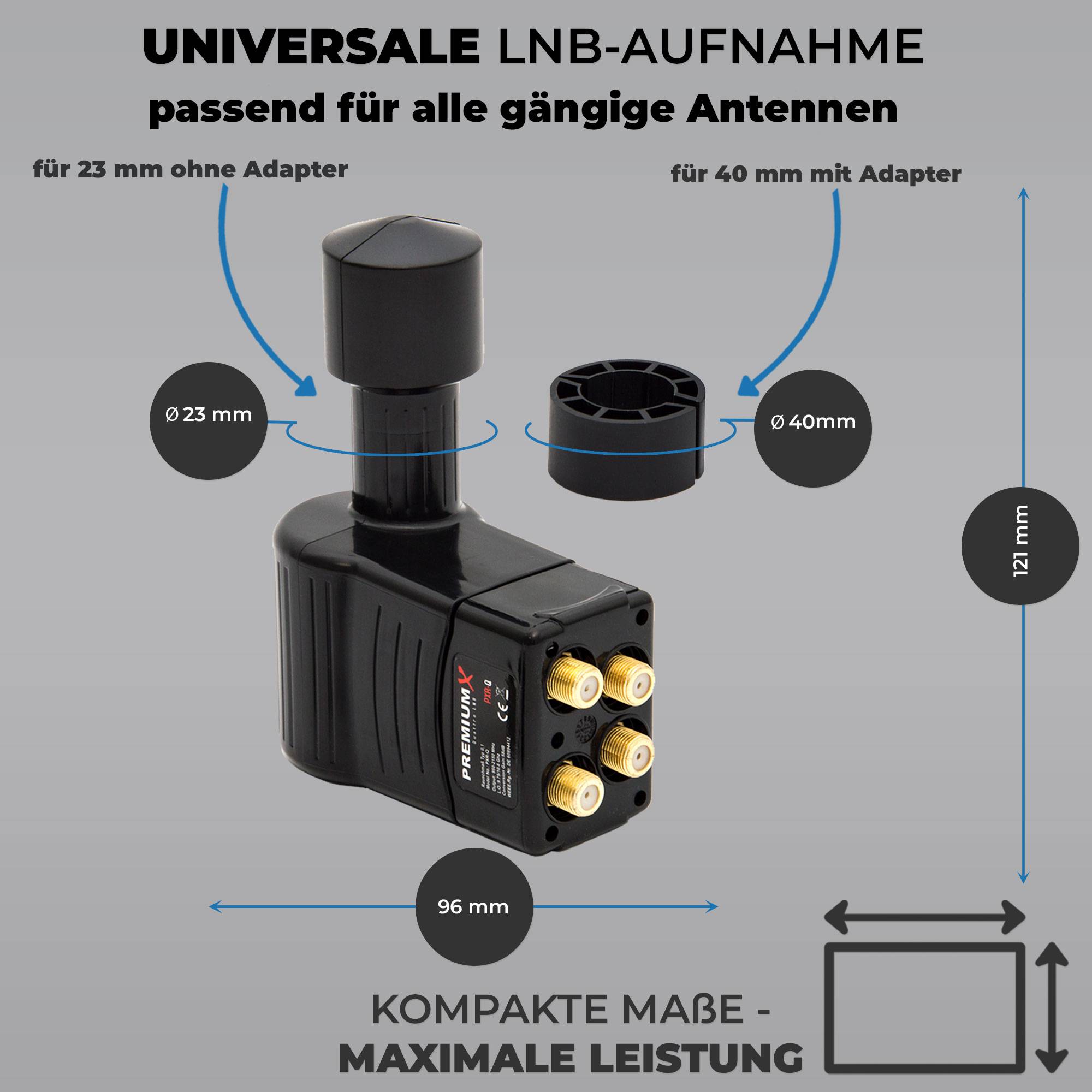 Premium X Rocket Quattro LNB - 4Fach - nur für Multischalter - 4K Full HD - mit Wetterschutz + für Satellitenschüssel Digital TV Fernseher - Schwa