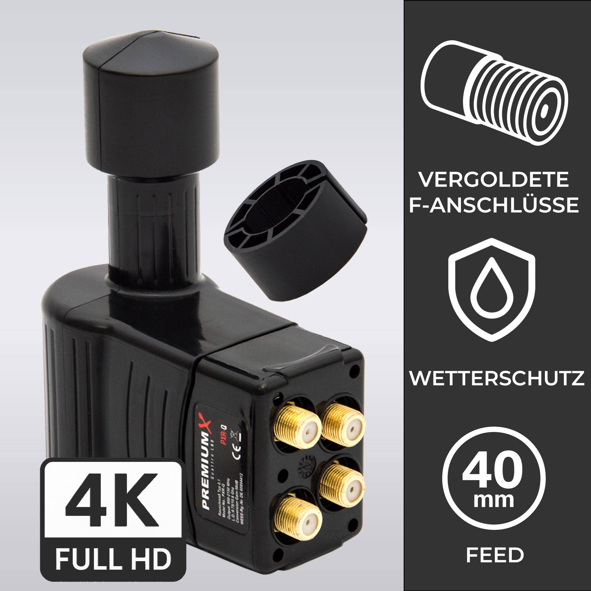 Premium X Rocket Quattro LNB - 4Fach - nur für Multischalter - 4K Full HD - mit Wetterschutz + für Satellitenschüssel Digital TV Fernseher - Schwa
