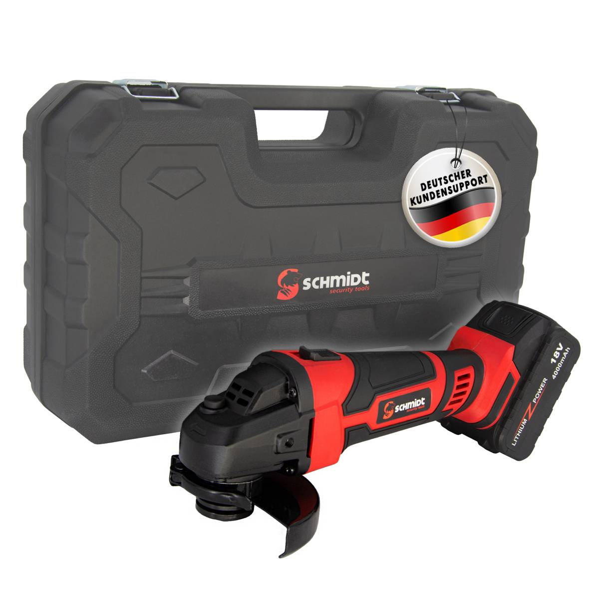 SCHMIDT security Tools Akku-Winkelschleifer - 8000 U/min - 4.0Ah Akku - Ladegerät & Transportkoffer - 4-in-1 für Trennen, Schleifen, Schruppen & Pol