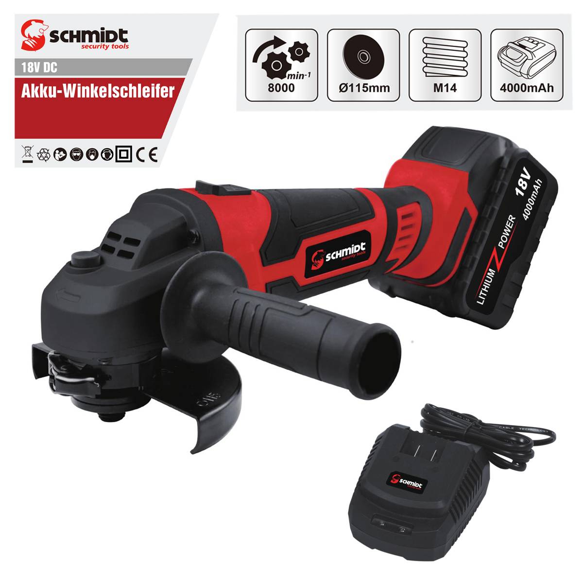 SCHMIDT security Tools Akku-Winkelschleifer - 8000 U/min - 4.0Ah Akku - Ladegerät & Transportkoffer - 4-in-1 für Trennen, Schleifen, Schruppen & Pol