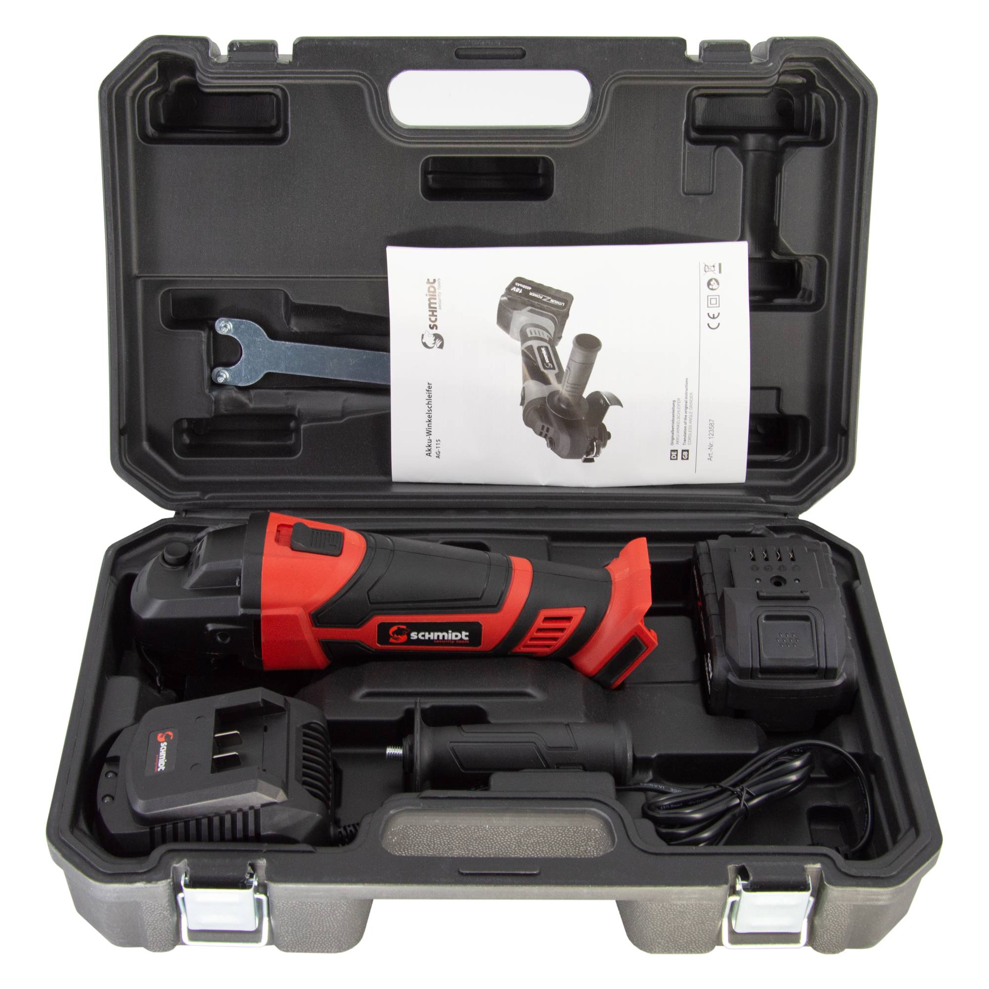 SCHMIDT security Tools Akku-Winkelschleifer - 8000 U/min - 4.0Ah Akku - Ladegerät & Transportkoffer - 4-in-1 für Trennen, Schleifen, Schruppen & Pol