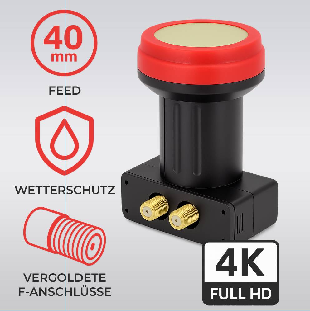 Premium X Twin LNB - 2Fach - für 2 Teilnehmer - 4K Full HD - mit Wetterschutz für Satellitenschüssel Digital TV Fernseher SAT Receiver - Sun Editio