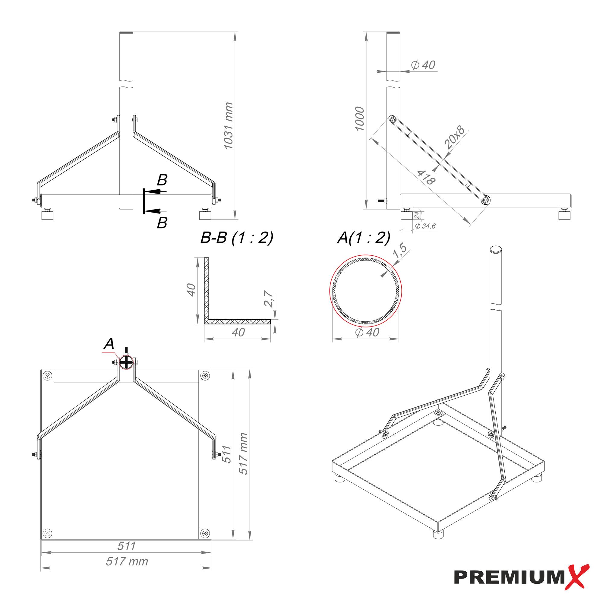 PremiumX Balkonständer 50x50cm Aluminium Mast 1m Flachdachhalterung Flachdachständer SAT Halterung für Satelliten-Schüssel