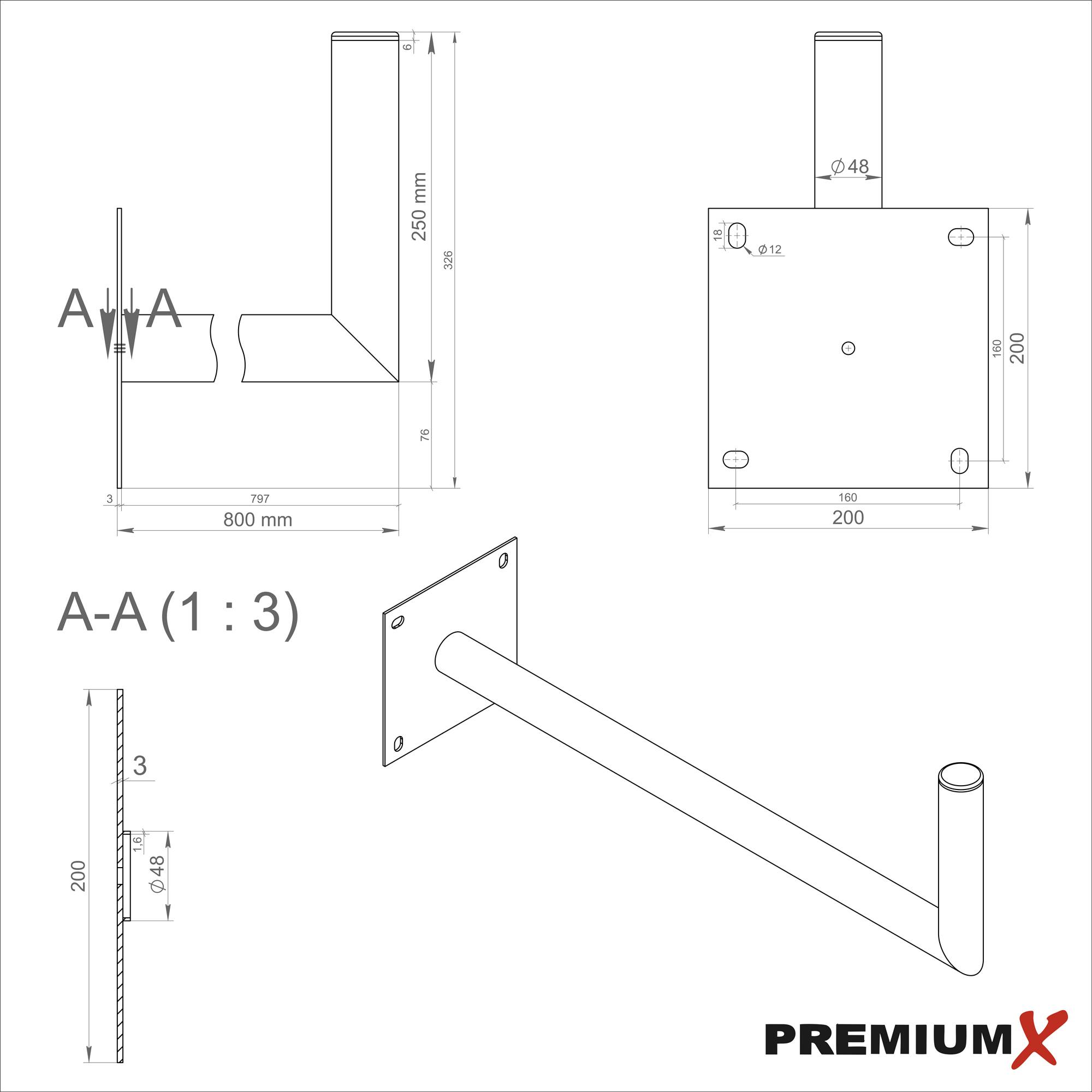 PremiumX 80cm Wandhalter Stahl verzinkt Ø 48mm Winkel Wand-Halterung für Satelliten-Schüssel SAT-Antenne