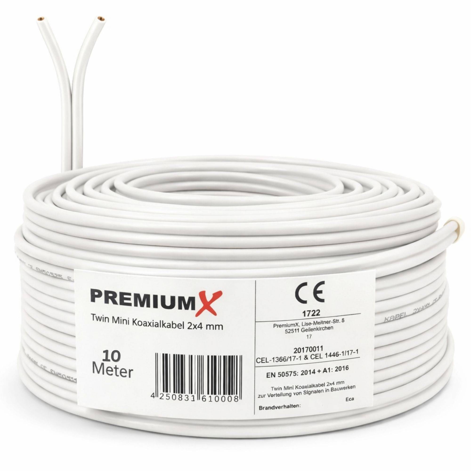 Aufgerolltes weißes Premium-Zwillings-Minikoaxialkabel mit der Beschriftung „10 Meter