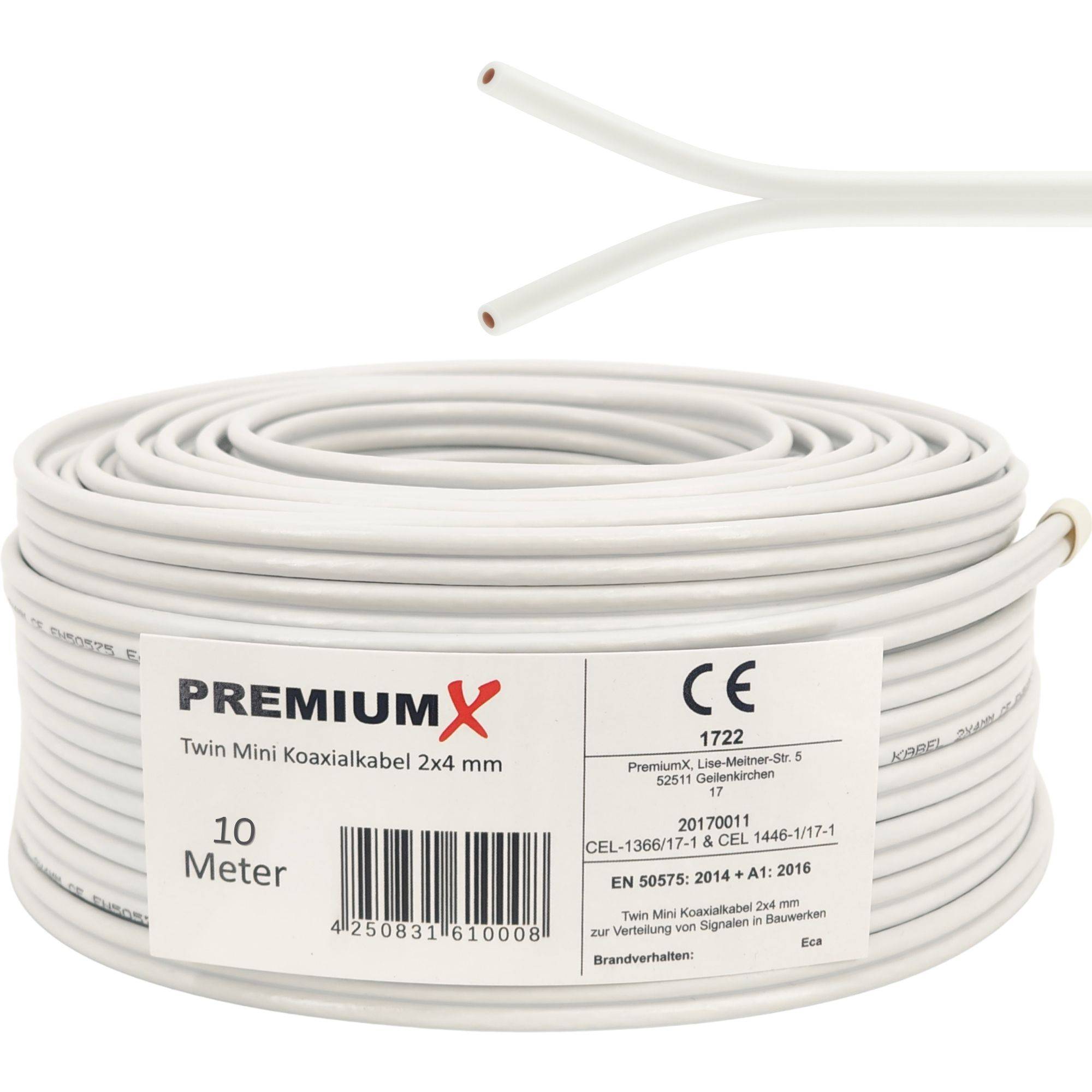 PremiumX 10m Sat Koaxialkabel Twin Mini 2 x 4 mm Weiß – extra dünn & 2-fach geschirmt – platzsparendes TV Antennenkabel für SAT | DVB-T | Twin