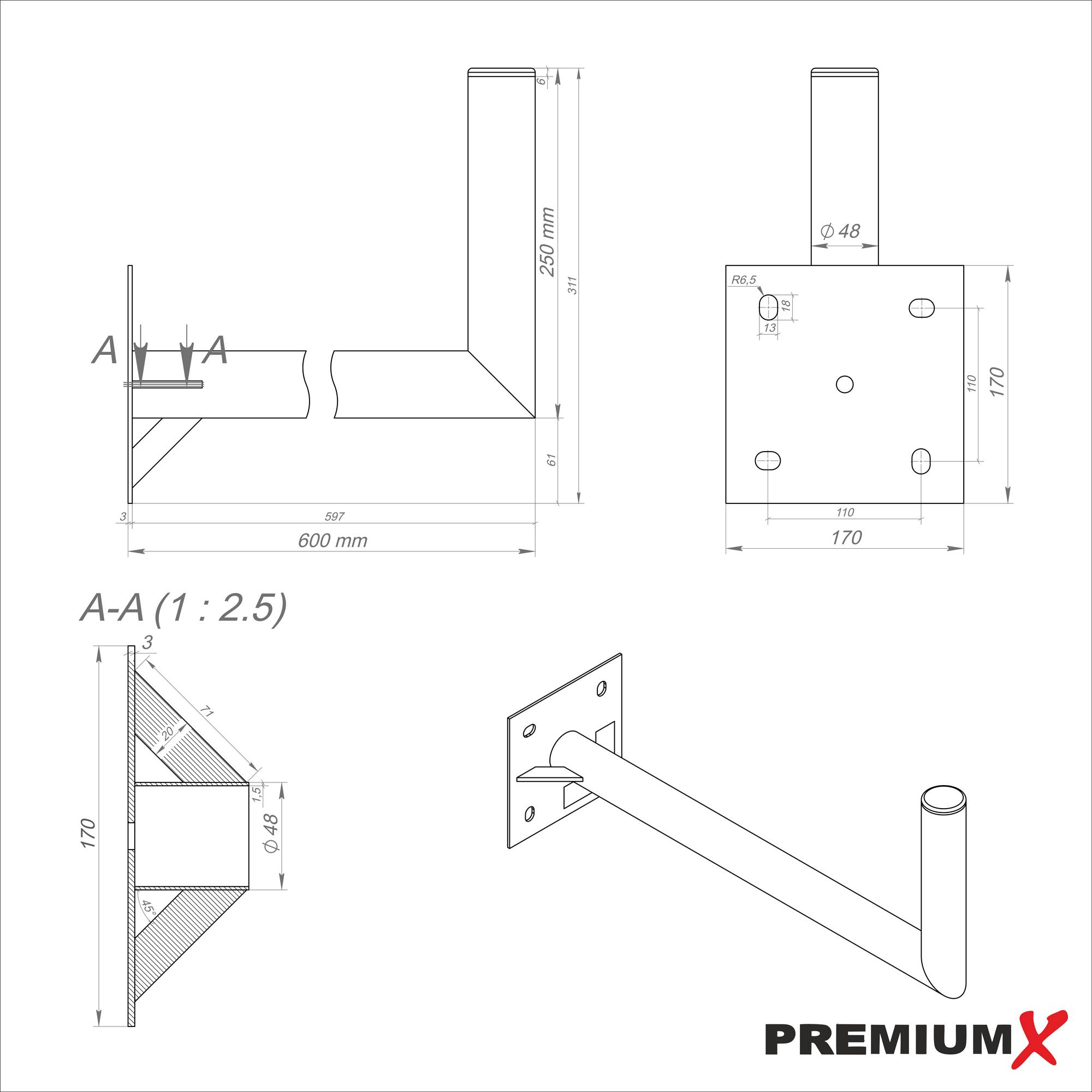 PremiumX 60cm Wandhalter mit Verstrebung Stahl verzinkt Ø 48mm Winkel Wand-Halterung für Satelliten-Schüssel SAT-Antenne