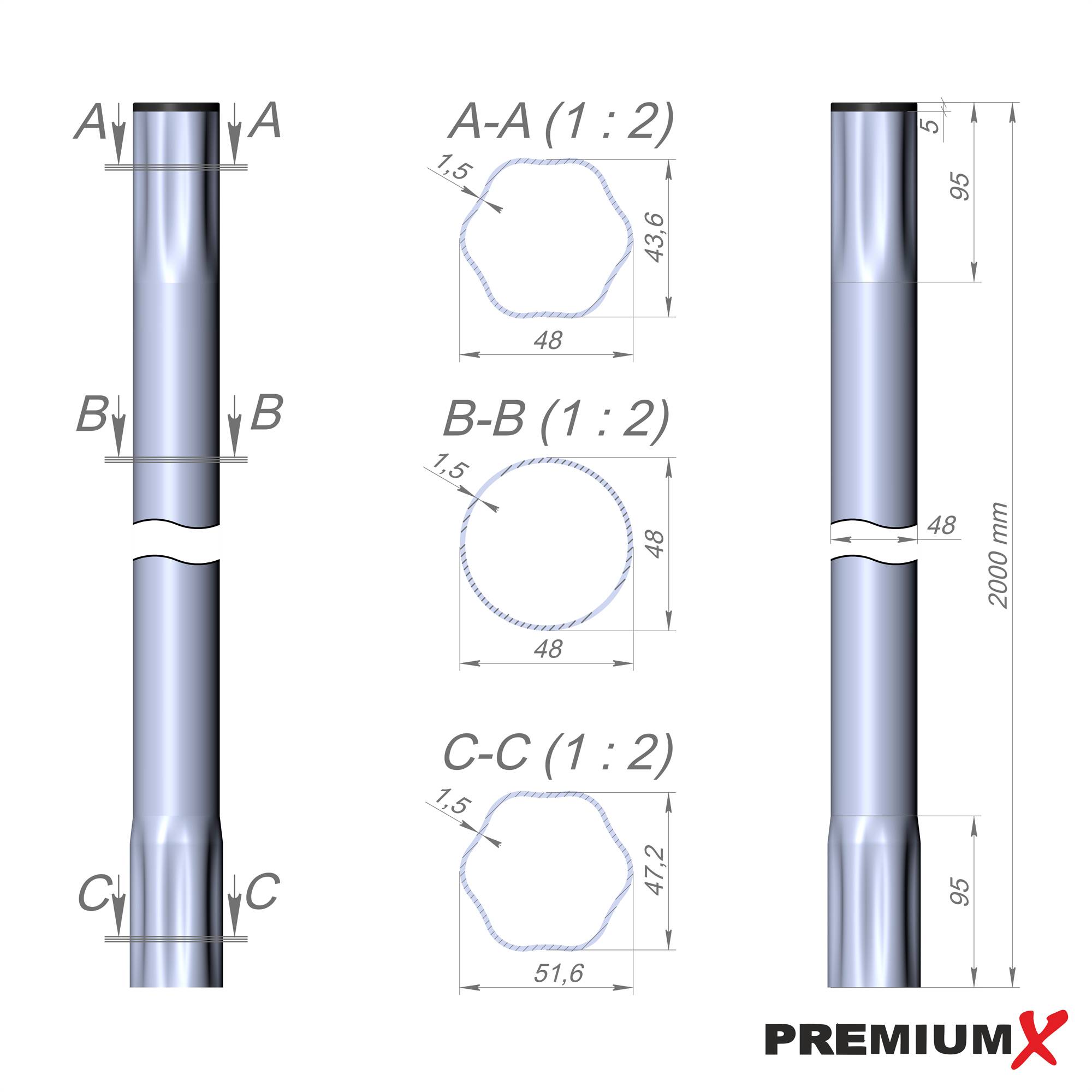PremiumX Antennenmast 2m Ø 48mm Stahl steckbar SAT-Mast Steckmast Antenne Stange Stangenrohr Halterung für Satelliten-Schüssel