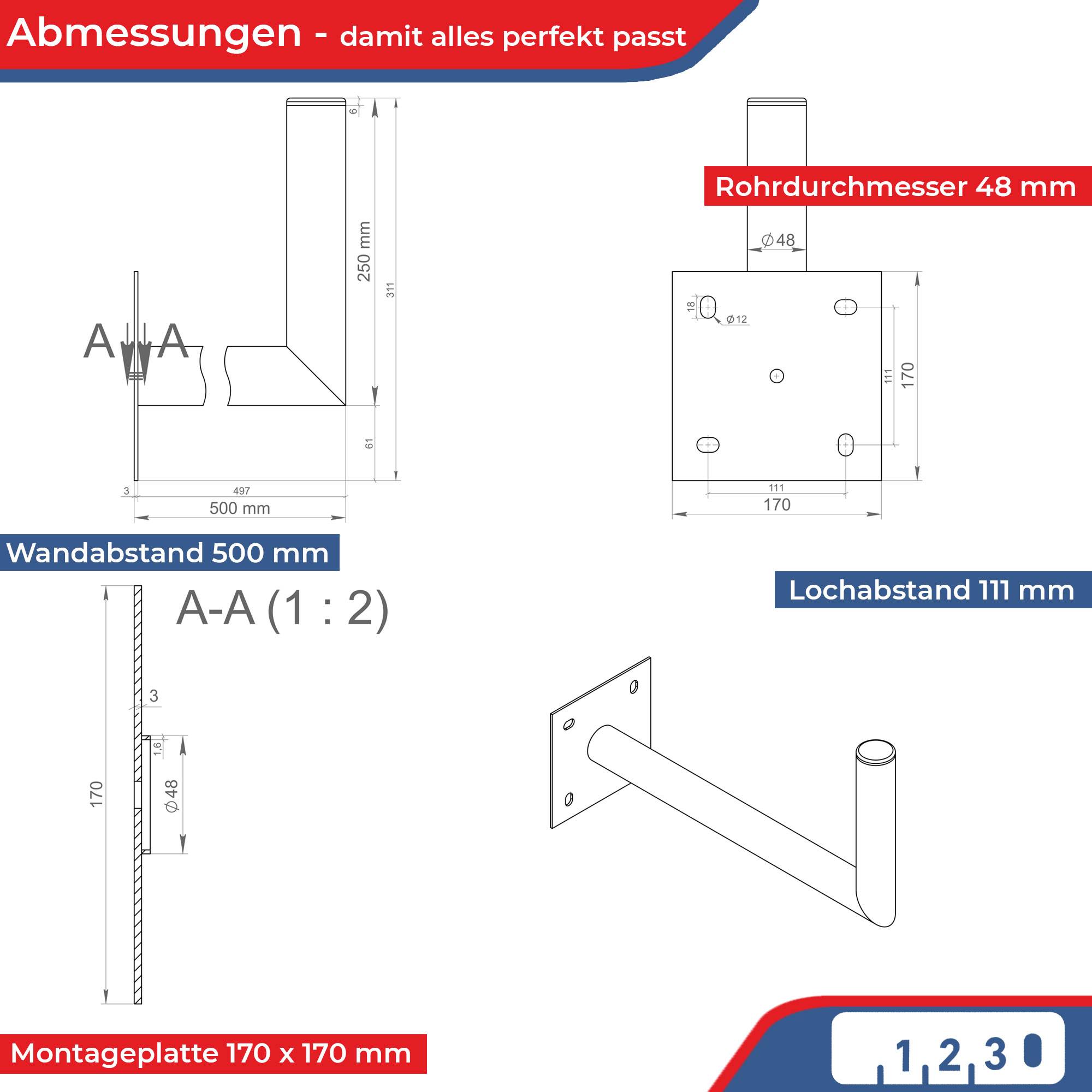 PremiumX 45-50cm Wandhalter Stahl verzinkt Ø 48mm Winkel Wand-Halterung für Satelliten-Schüssel SAT-Antenne