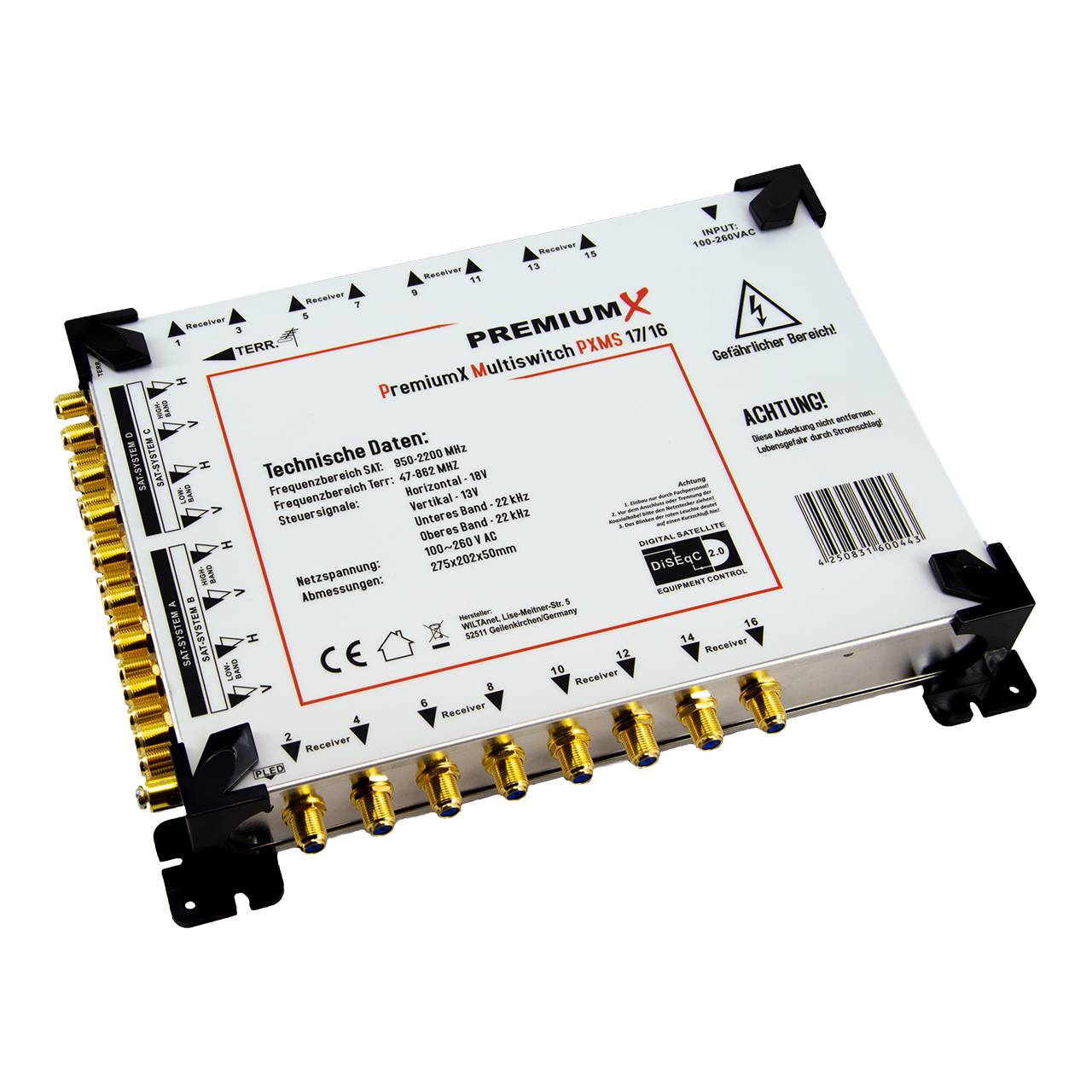 PremiumX PXMS 17/16 Multischalter mit Netzteil Multiswitch 4 SAT für 16 Teilnehmer Satverteiler Digital HDTV FullHD 4K UHD 8K