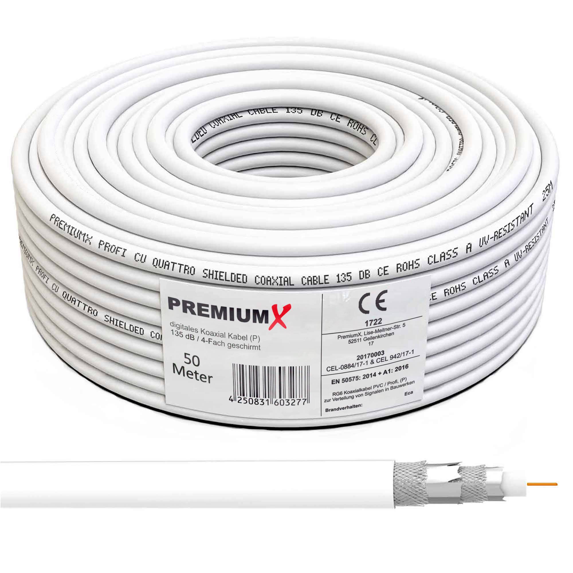 50 Meter PremiumX DELUXE Koaxial Kabel 130dB 4-Fach geschirmt, Innenleiter 1,02mm REINES Kupfer SAT Antennenkabel 50m 130 dB 135 120 50 + 20x