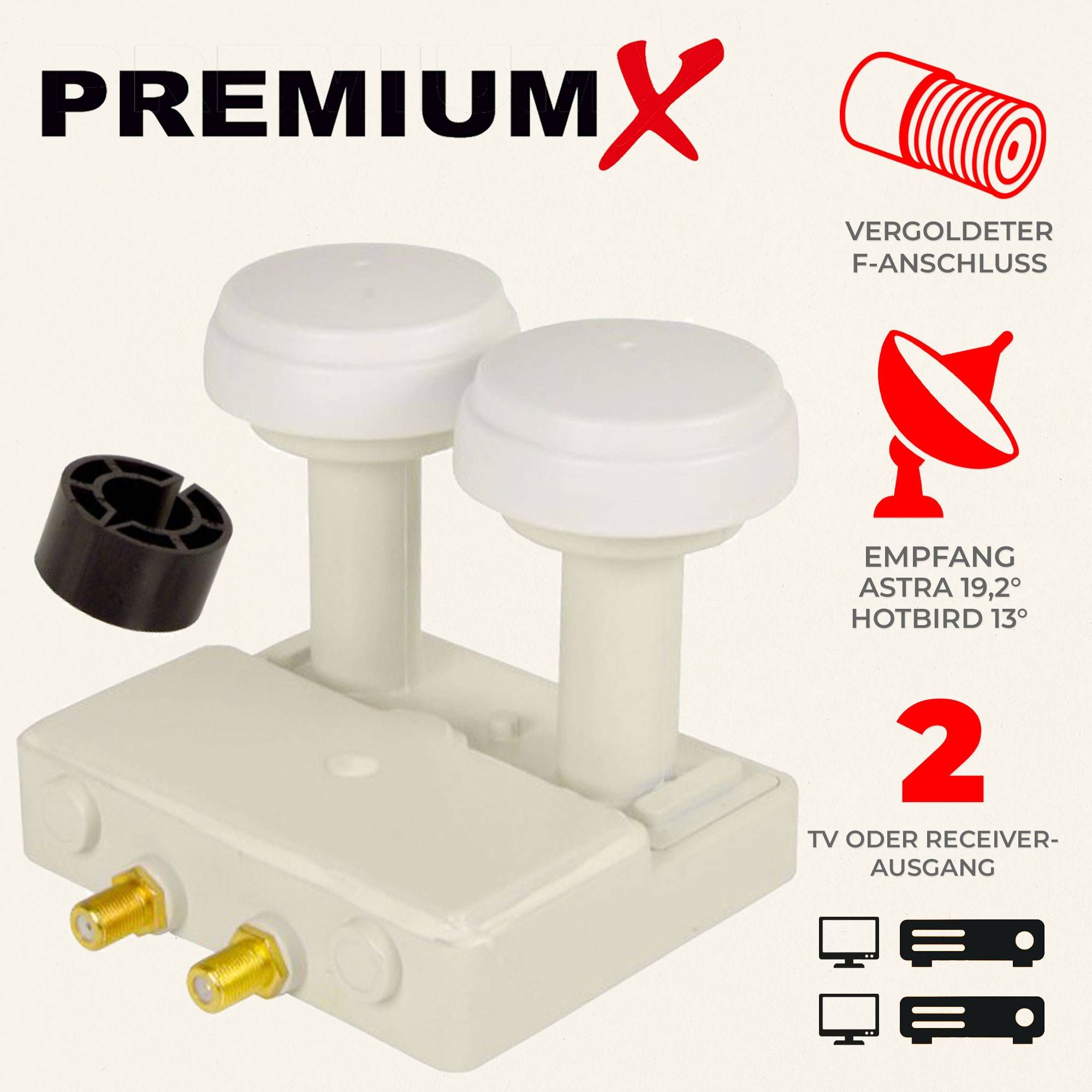 Premium X Monoblock Twin LNB - 2Fach - für 2 Teilnehmer - 4K Full HD - mit Wetterschutz für Satellitenschüssel Astra 19,2° Hotbird 13° Digital TV