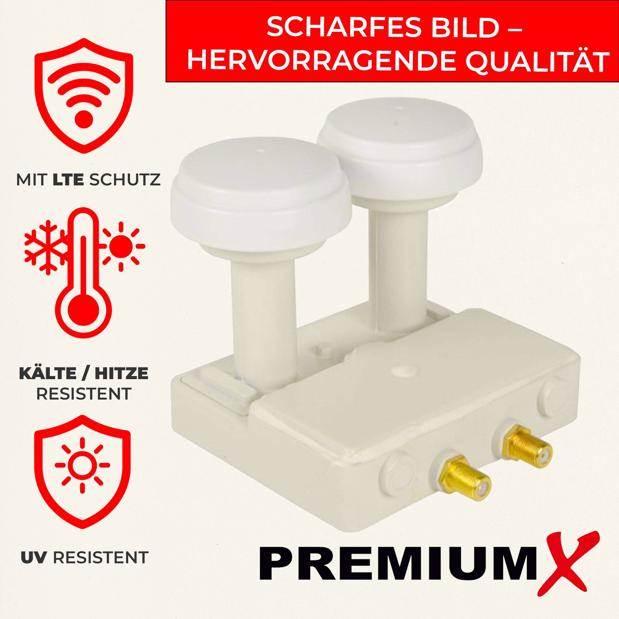 Premium X Monoblock Twin LNB - 2Fach - für 2 Teilnehmer - 4K Full HD - mit Wetterschutz für Satellitenschüssel Astra 19,2° Hotbird 13° Digital TV