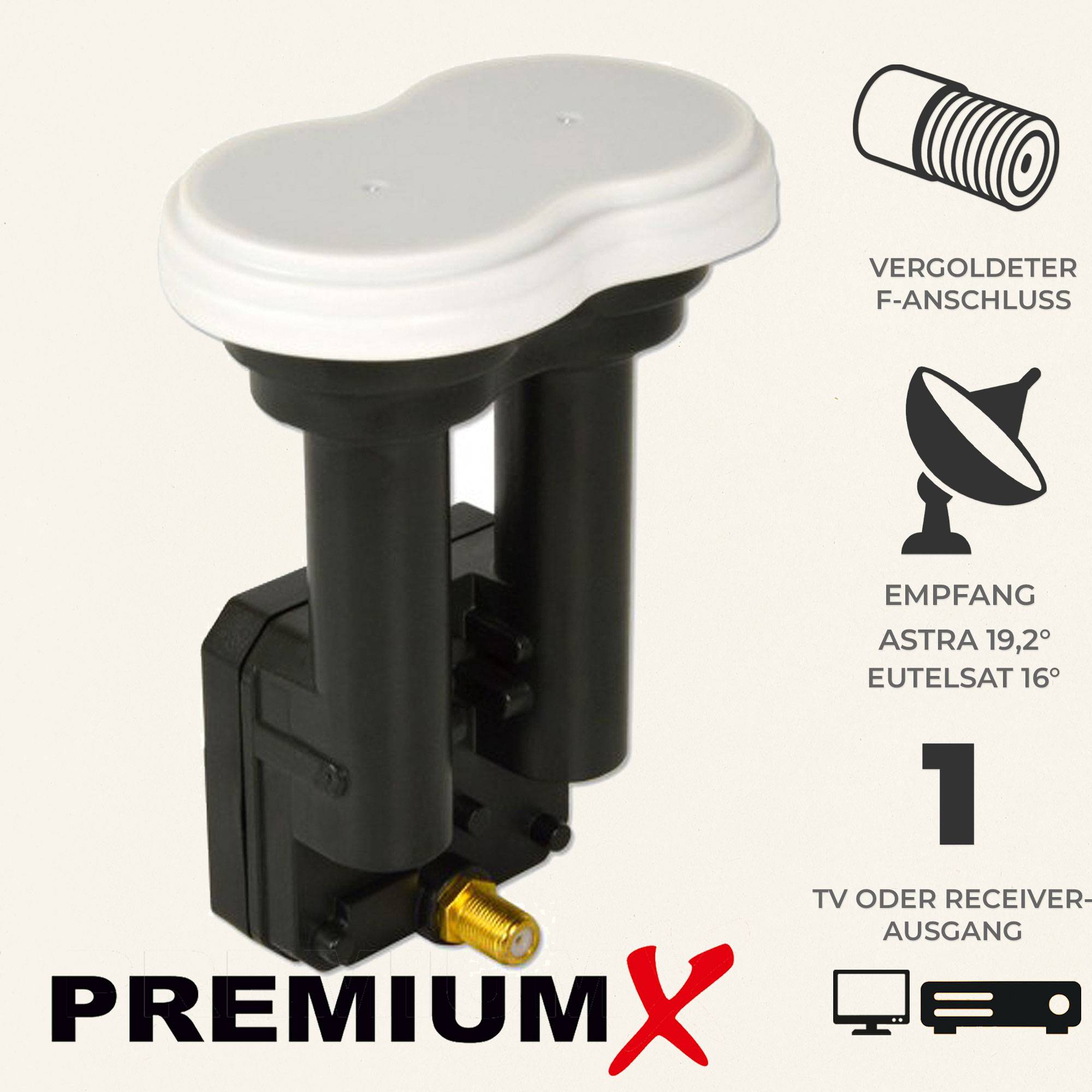 Premium X Monoblock Single LNB - für 1 Teilnehmer - 4K Full HD - mit Wetterschutz für Satellitenschüssel Astra 19,2° Ost Eutelsat 16° Ost Digita