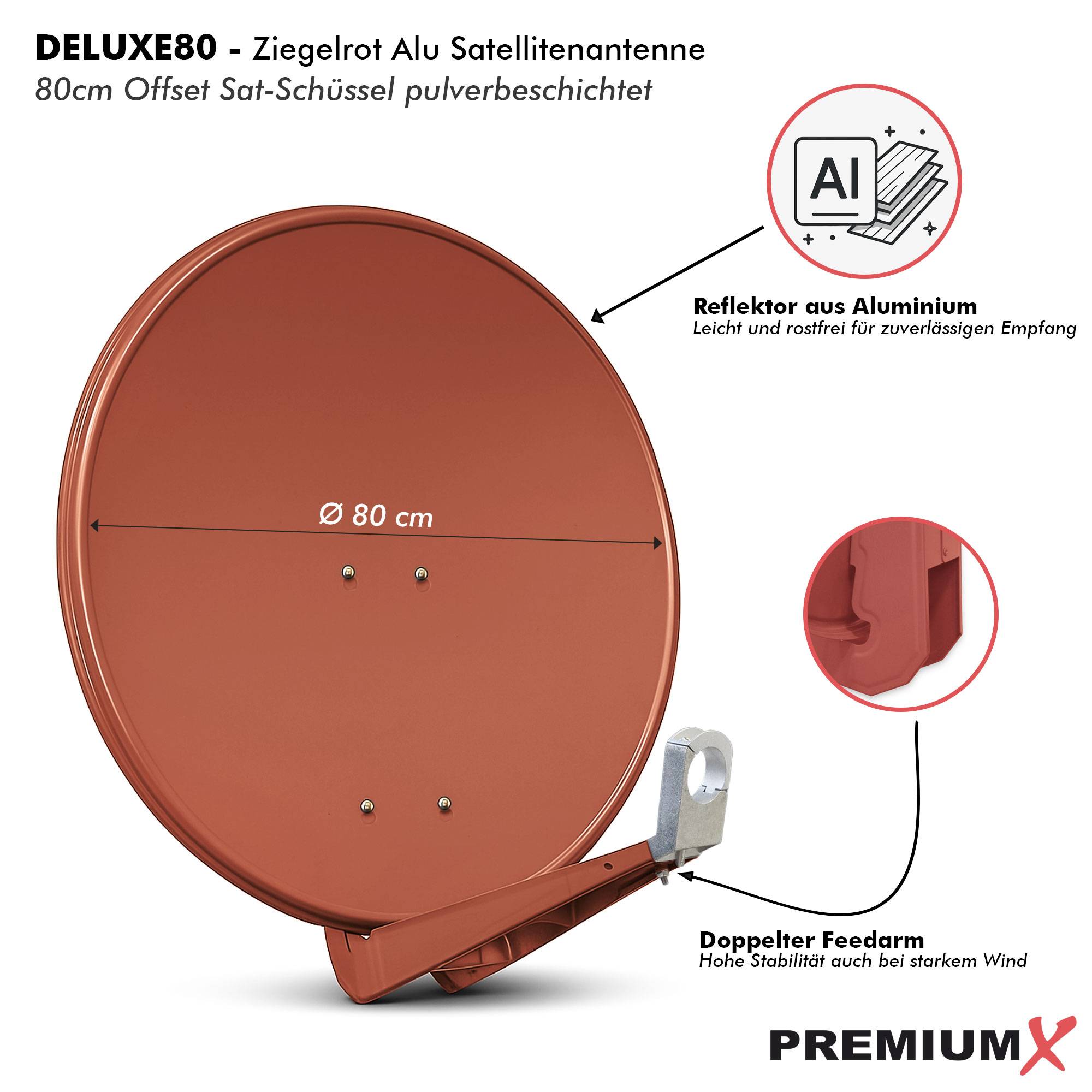 PremiumX DELUXE80 Satellitenschüssel 80cm Sat Schüssel aus Aluminium in Ziegelrot Offset Satelliten Antenne FullHD 4K UltraHD