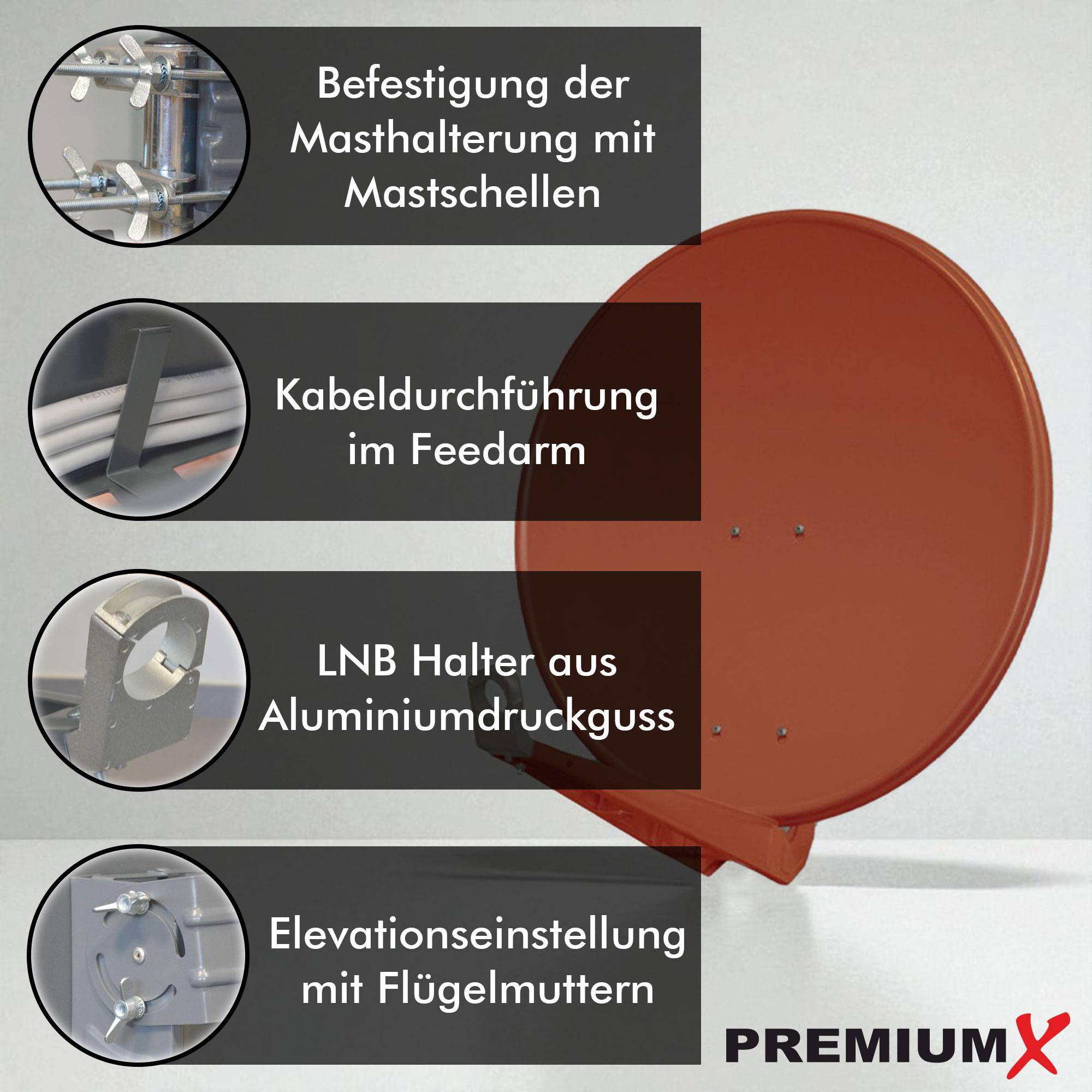 PremiumX DELUXE85 Satellitenschüssel 85 cm Sat Schüssel aus Aluminium in Ziegelrot Offset Satelliten Antenne FullHD 4K UltraHD