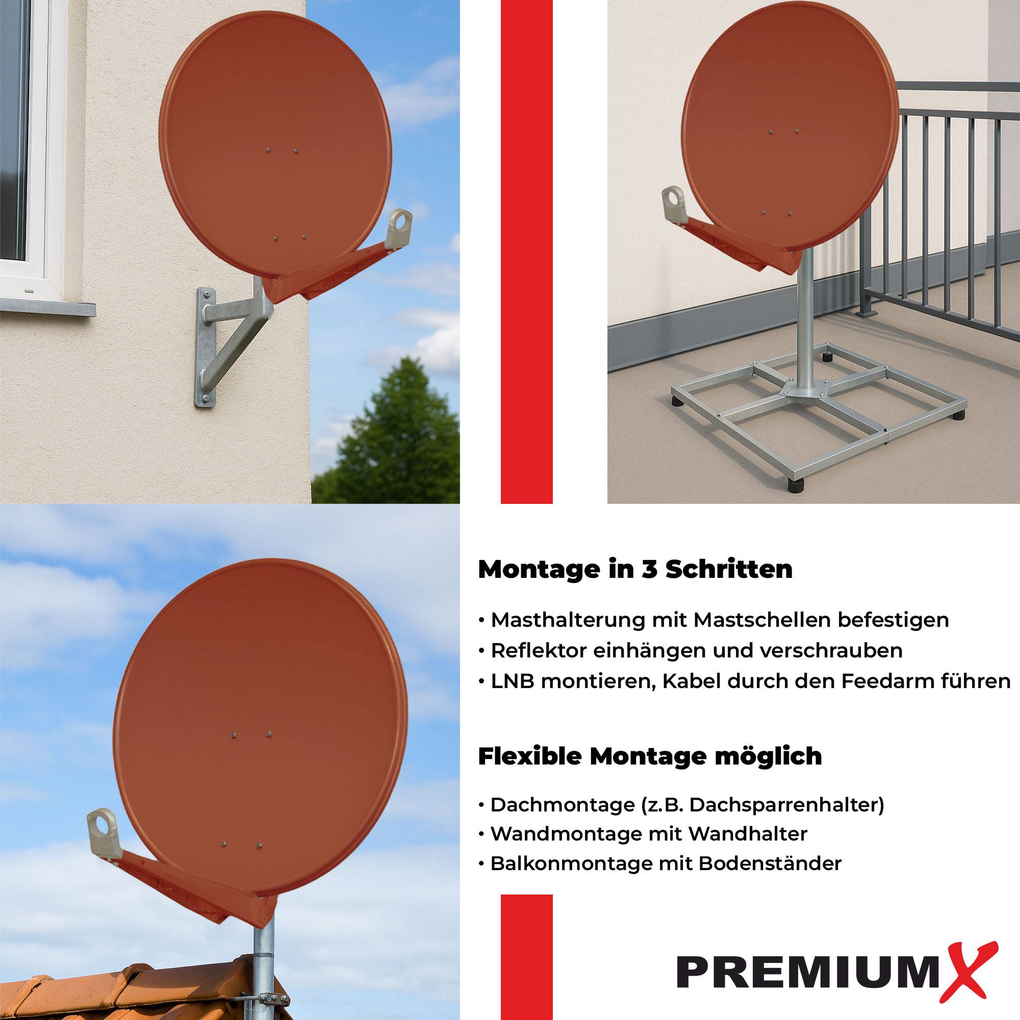 PremiumX DELUXE80 Satellitenschüssel 80cm Sat Schüssel aus Aluminium in Ziegelrot Offset Satelliten Antenne FullHD 4K UltraHD
