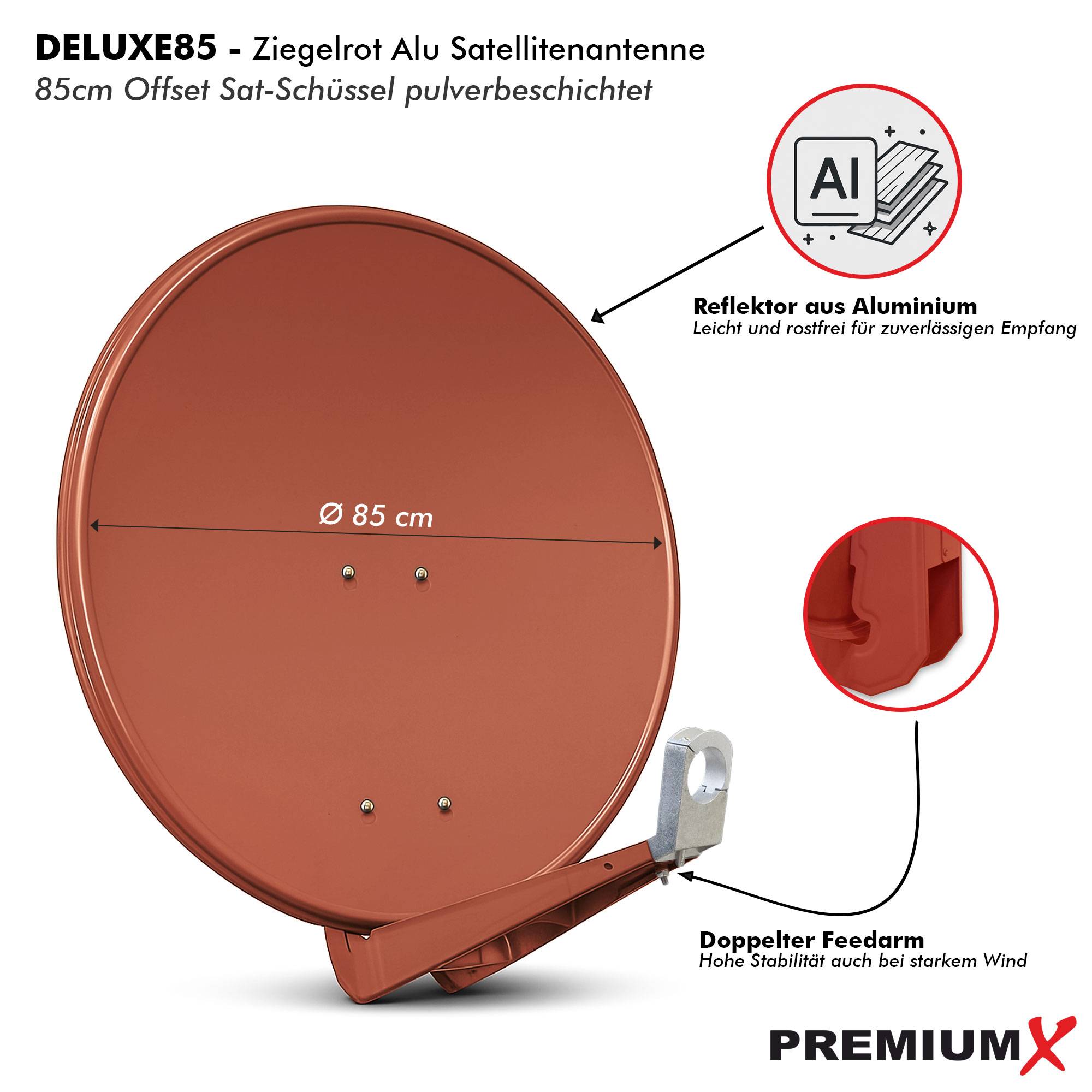 PremiumX DELUXE85 Satellitenschüssel 85 cm Sat Schüssel aus Aluminium in Ziegelrot Offset Satelliten Antenne FullHD 4K UltraHD