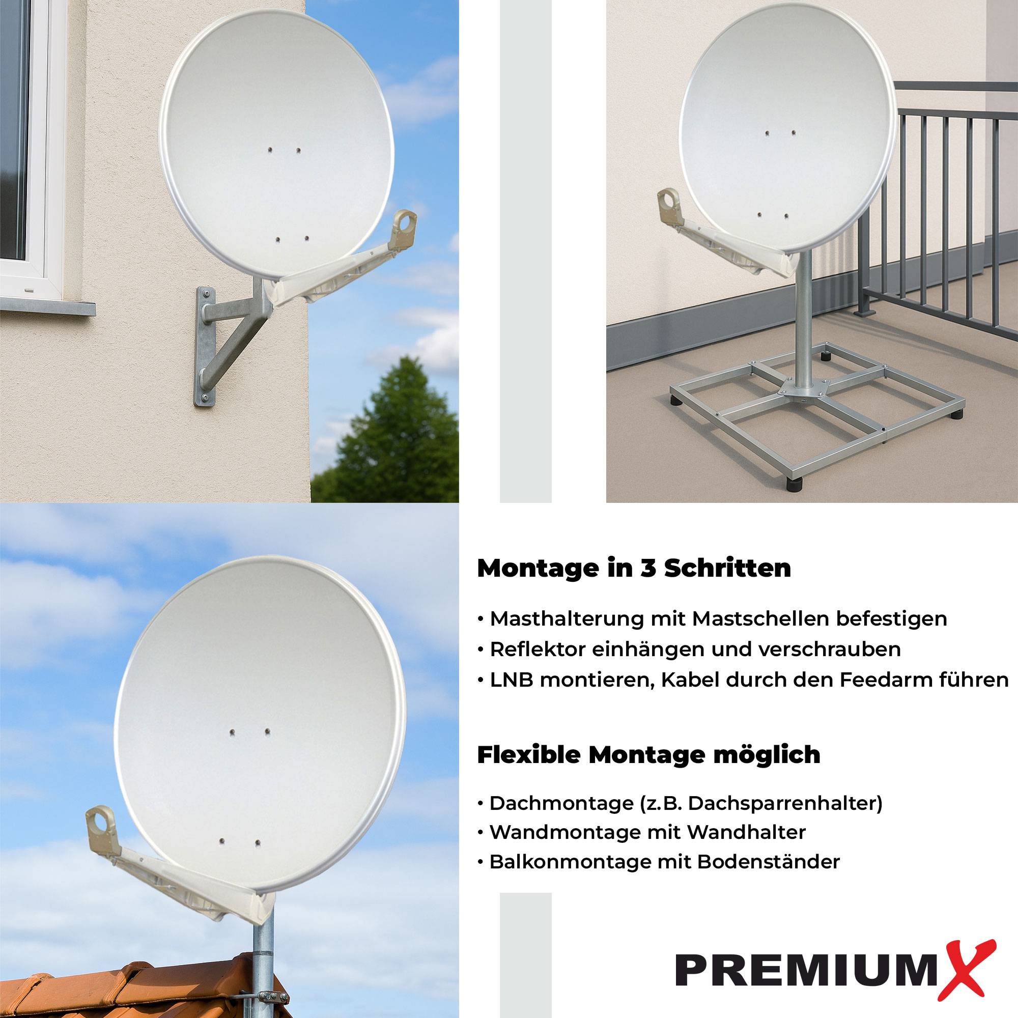 PremiumX DELUXE85 Satellitenschüssel 85cm Sat Schüssel aus Aluminium in Hellgrau Offset Satelliten-Antenne FullHD 4K UltraHD