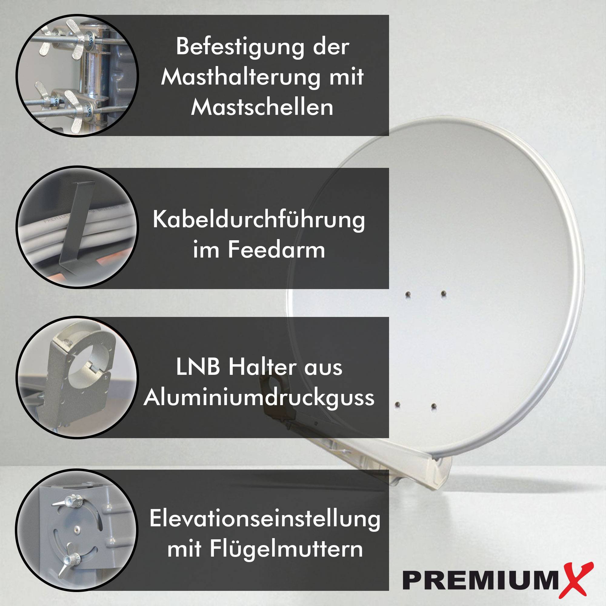 PremiumX DELUXE85 Satellitenschüssel 85cm Sat Schüssel aus Aluminium in Hellgrau Offset Satelliten-Antenne FullHD 4K UltraHD