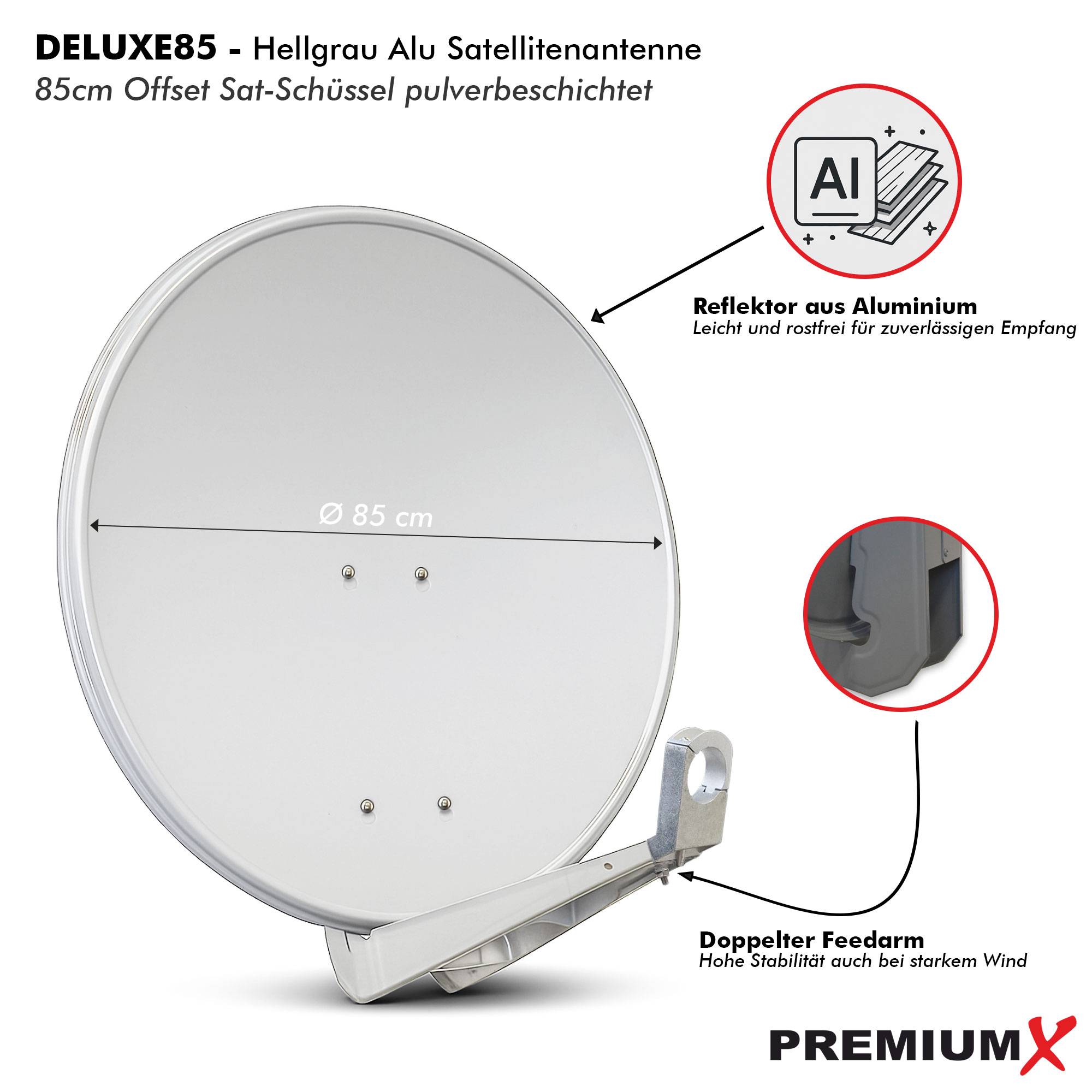 PremiumX DELUXE85 Satellitenschüssel 85cm Sat Schüssel aus Aluminium in Hellgrau Offset Satelliten-Antenne FullHD 4K UltraHD