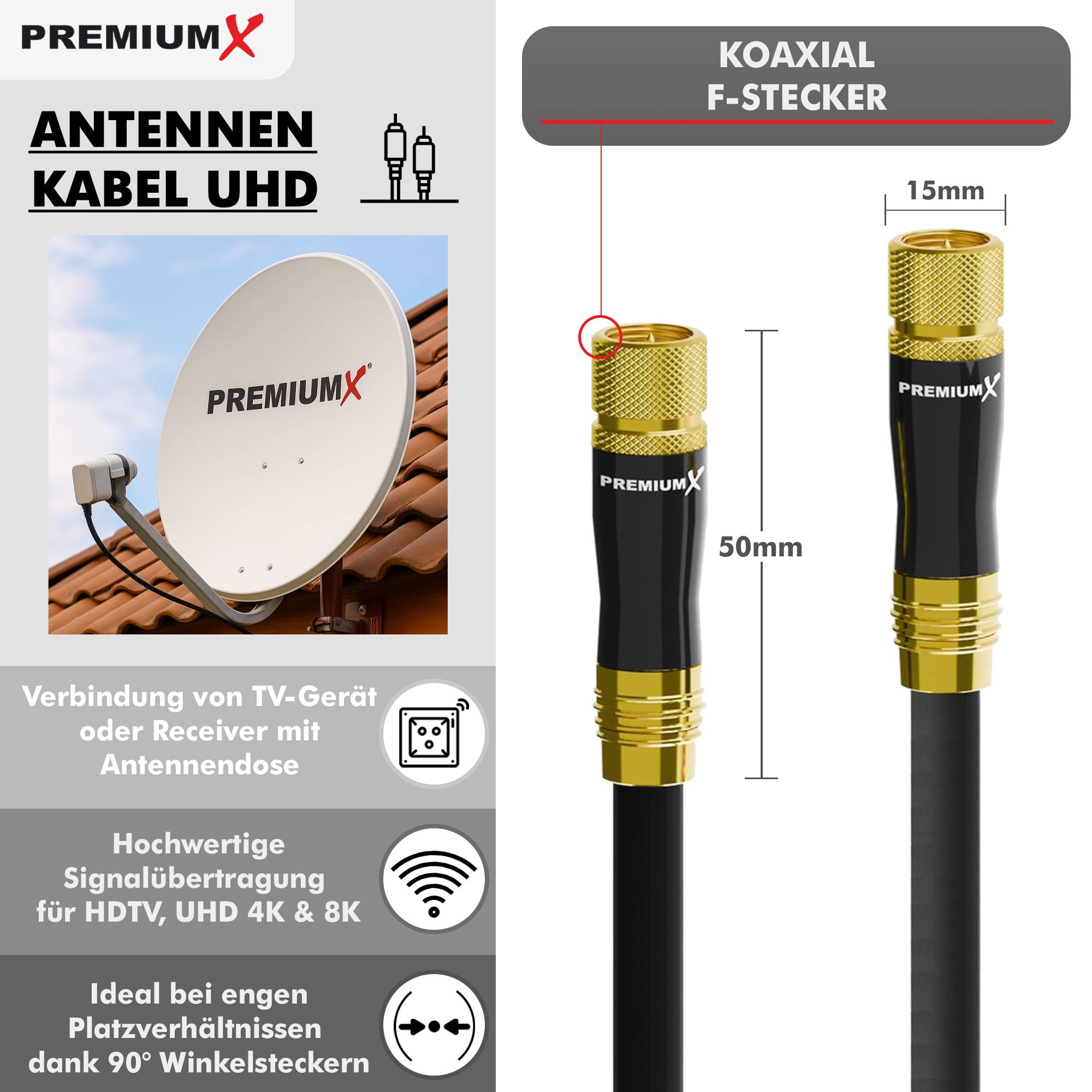 Premium X 12,5m Sat-Kabel – Satelliten-Kabel, Antennenkabel, Koaxialkabel TV Kupfer mit vergoldeten F-Steckern – Gold-Line, Abschirmmaß 135dB, Fe