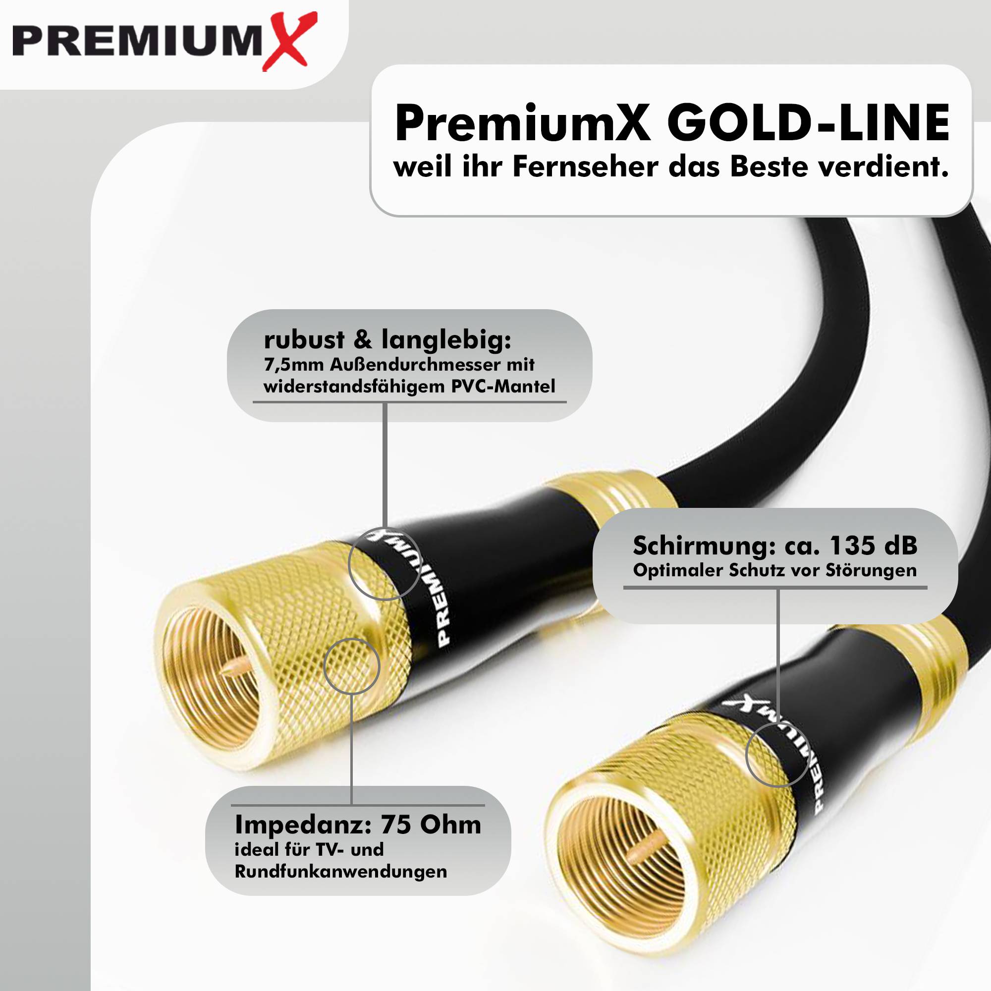 Premium X 7,5m Sat-Kabel – Satelliten-Kabel, Antennenkabel, Koaxialkabel TV Kupfer mit vergoldeten F-Steckern – Gold-Line, Abschirmmaß 135dB, Fer
