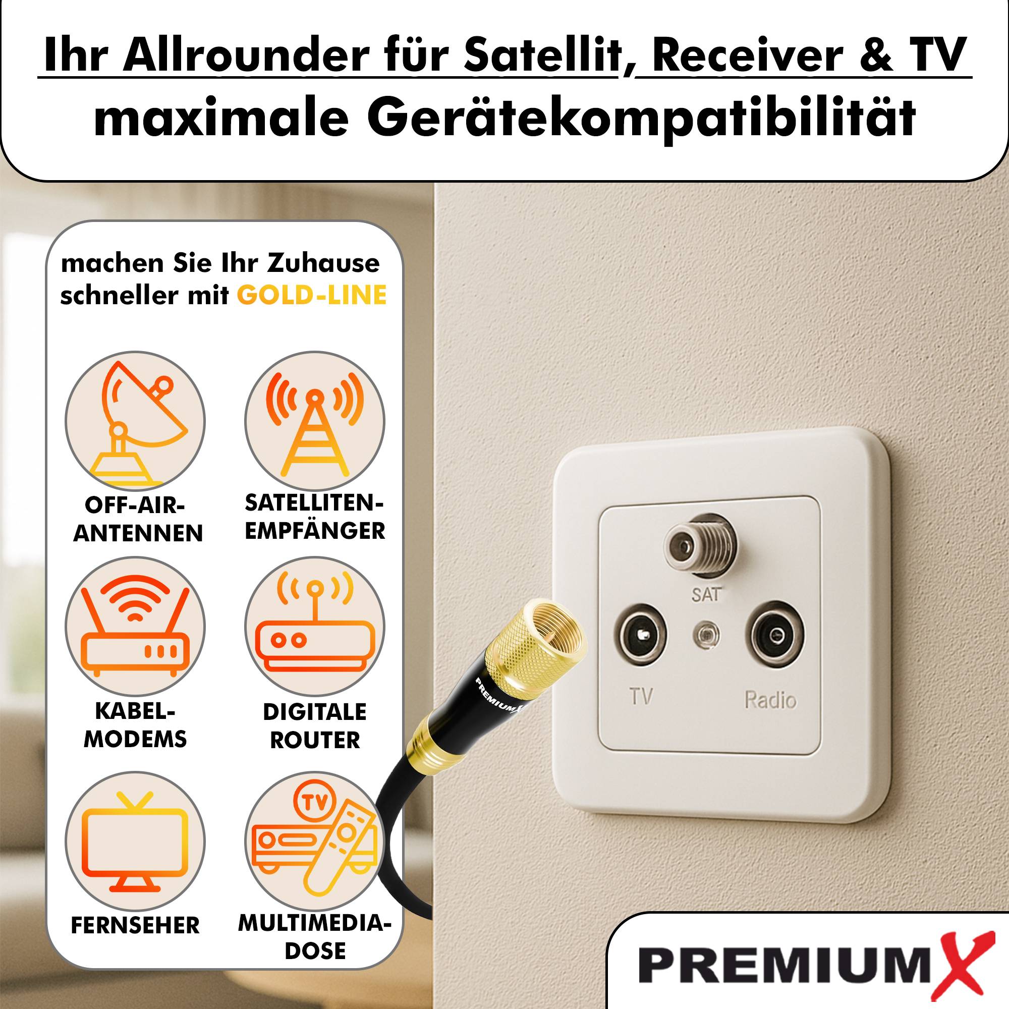Premium X 2m Sat-Kabel – Satelliten-Kabel, Antennenkabel, Koaxialkabel TV Kupfer mit vergoldeten F-Steckern – Gold-Line, Abschirmmaß 135dB, Ferns