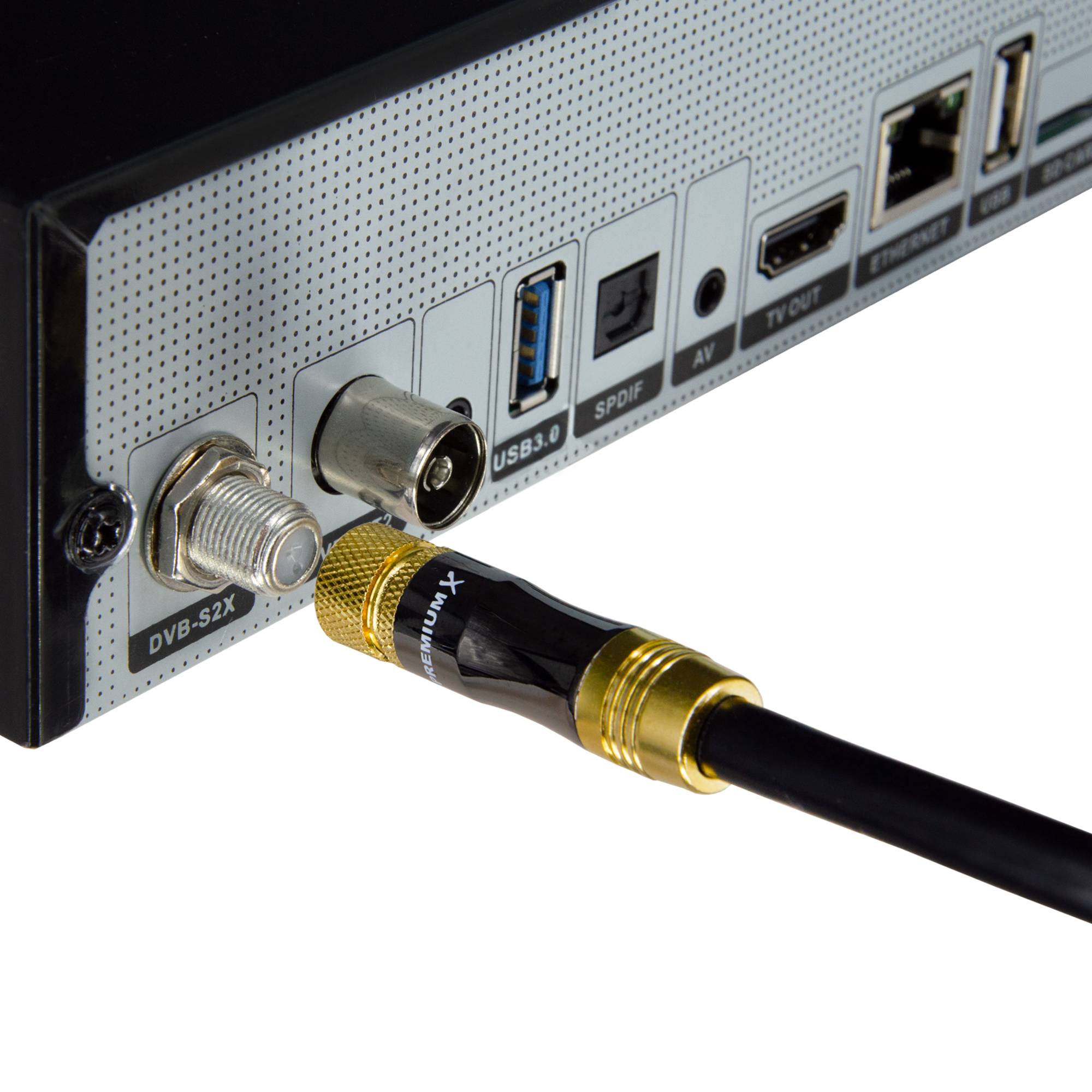 Premium X 3m Sat-Kabel – Satelliten-Kabel, Antennenkabel, Koaxialkabel TV Kupfer mit vergoldeten F-Steckern – Gold-Line, Abschirmmaß 135dB, Ferns